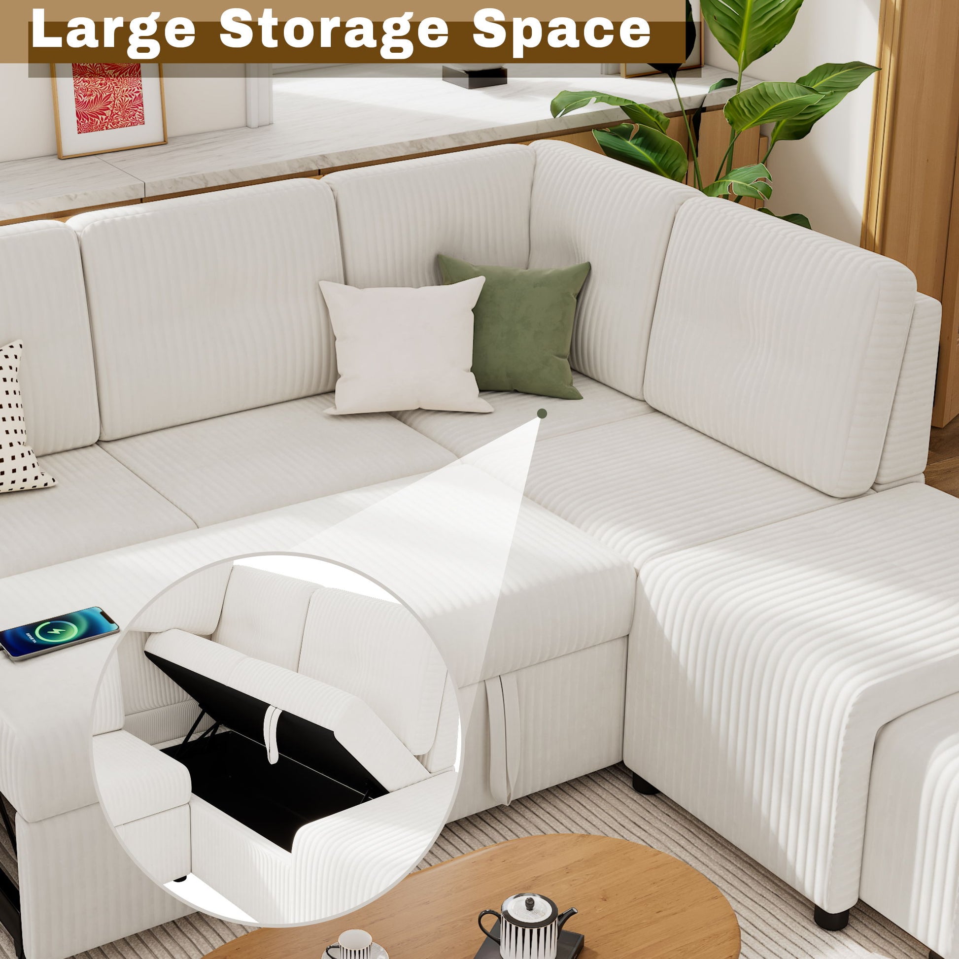 Pull-Out L-Shaped Sectional Sofa With Movable Ottoman And Stool, Large Storage Space, A Cup Holder, And 2 USB Ports For Living Room - Best Buy Furniture