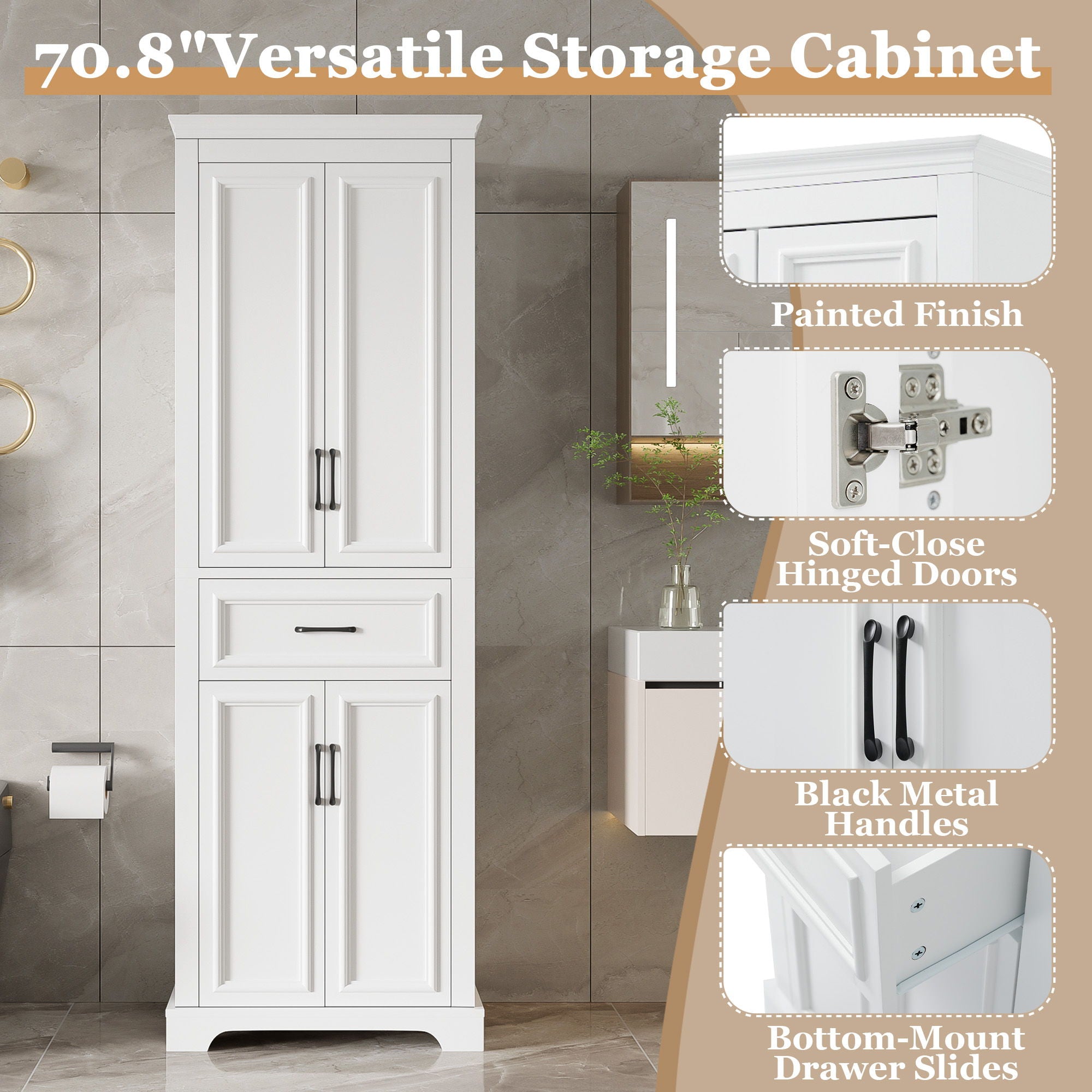 Freestanding Bathroom Vanity, Elegant Design With 4 Doors & 1 Drawer, Adjustable Shelves, Damping Hinges - White - Best Buy Furniture