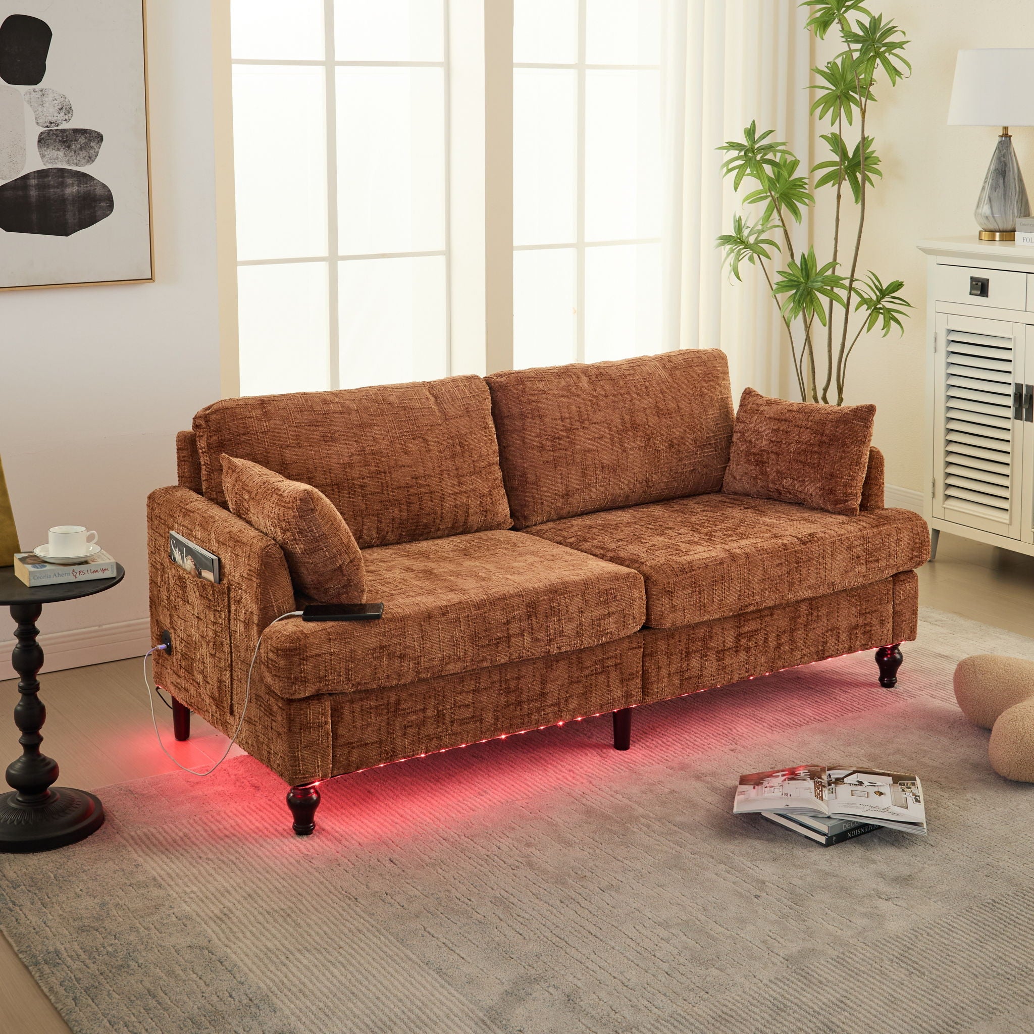 Chenille 2 Seater Sofa With LED Light, USB Charging Port, And Storage Bag - Best Buy Furniture