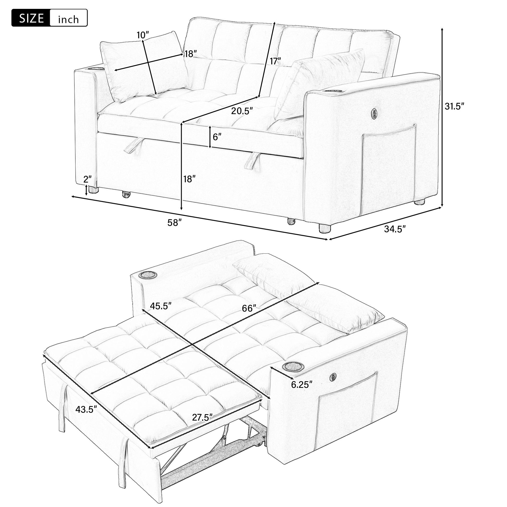 Multi Functional Sofa Bed With Cup Holder And USB Port For Living Room Or Apartments - Best Buy Furniture