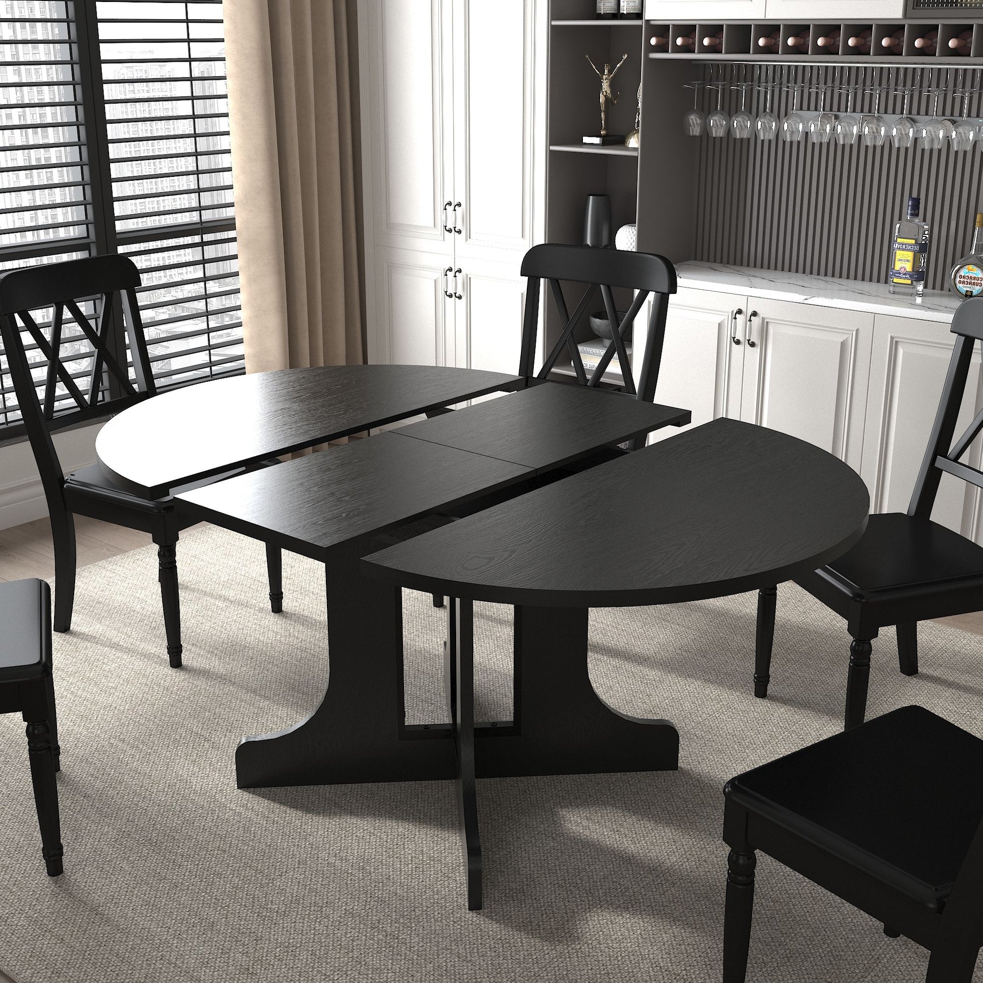 Dining Table For Farmhouse Kitchen Expandable Oval Table Top With Removable Leaf Trestle X Shaped Base - Black - Best Buy Furniture