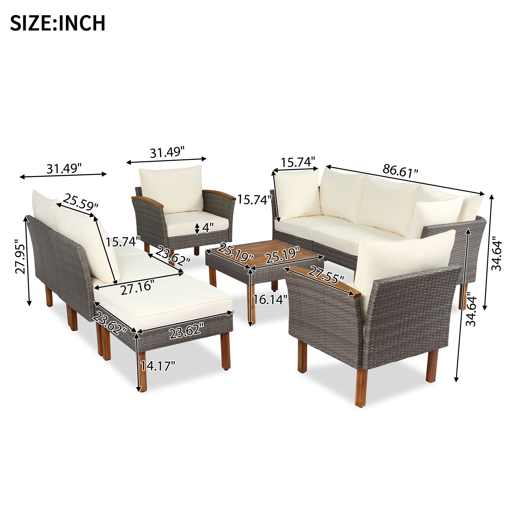 9 Piece Patio Rattan Furniture Set, Outdoor Conversation Set With Acacia Wood Legs And Tabletop, PE Rattan Sectional Sofa Set With Coffee Table, Washable Cushion - Best Buy Furniture