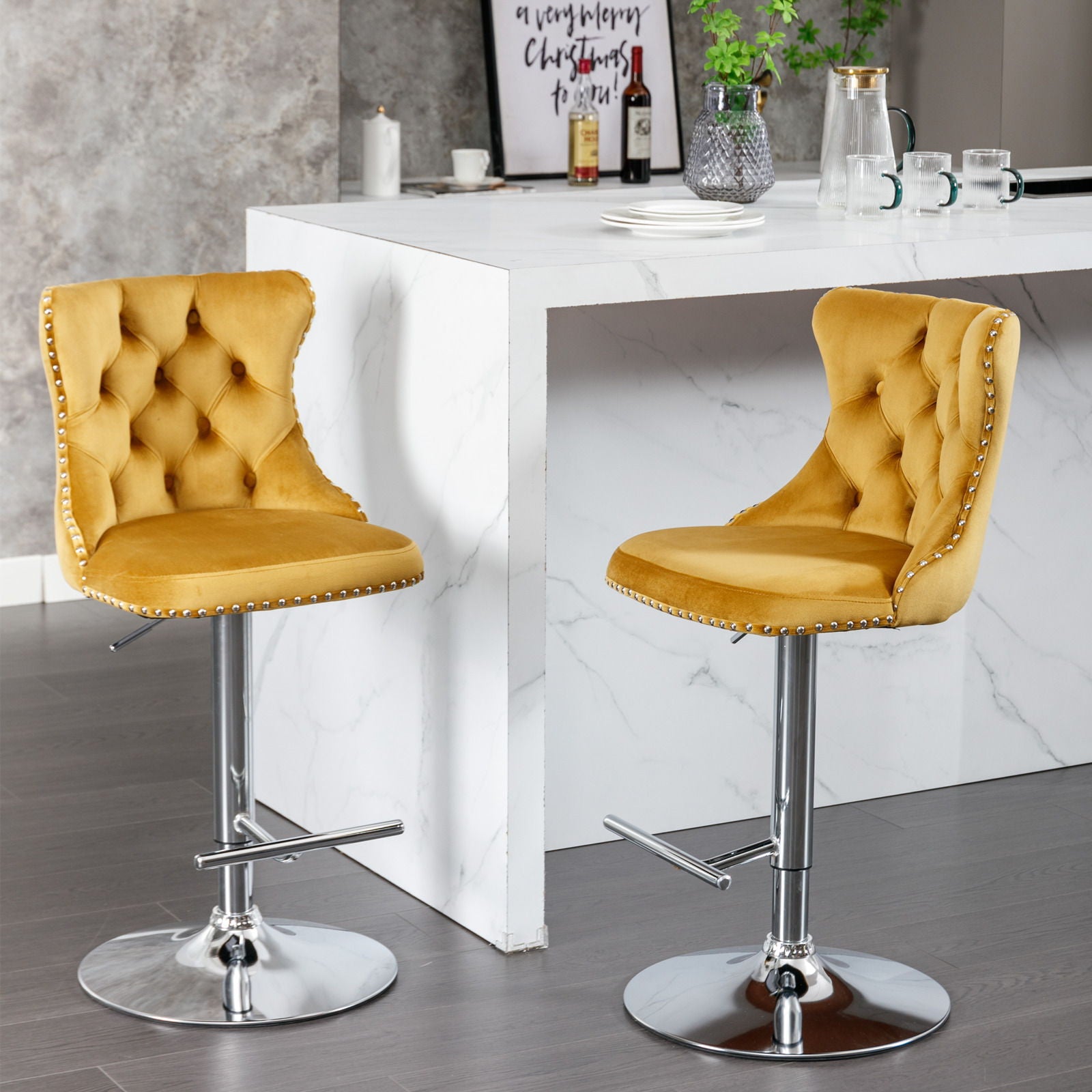 Swivel Velvet Barstools Adjusatble Seat Height From 25-33", Modern Upholstered Chrome Base Bar Stools With Backs Comfortable Tufted For Home Pub And Kitchen Island (Set of 2) - Best Buy Furniture