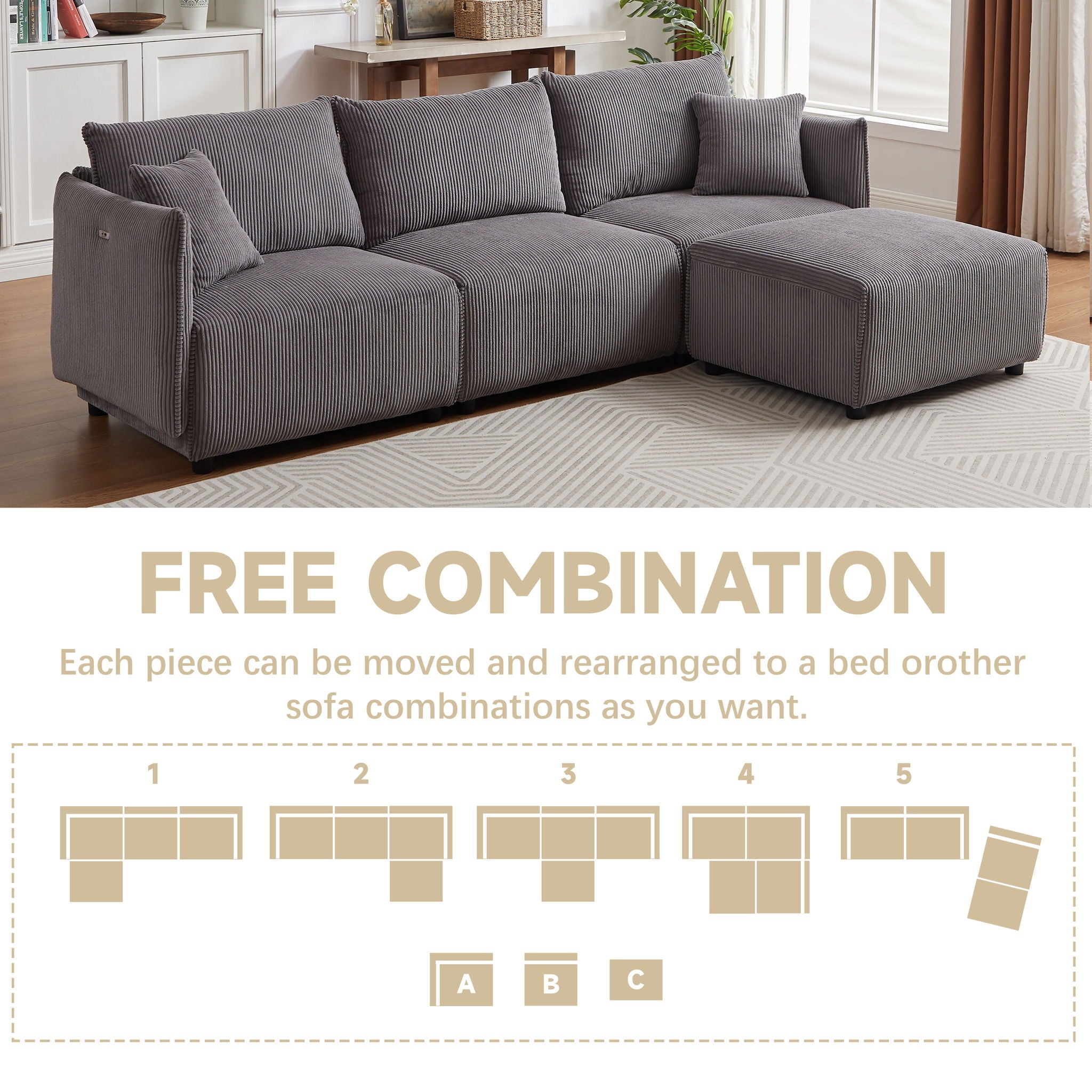 Modern Minimalist Corduroy Combination Sofa With 2 Comfort Cushions With USB & C Charging Ports - Best Buy Furniture
