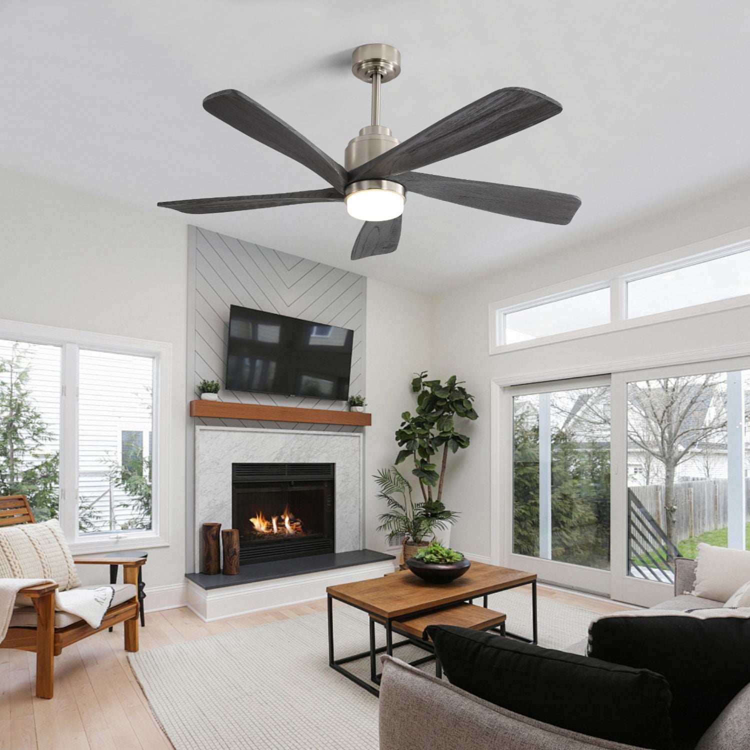 Modern Ceiling Fan With Dimmable LED Light 5 Solid Wood Blades Remote Control Reversible Dc Motor With Smart App Control - Nickel - Best Buy Furniture