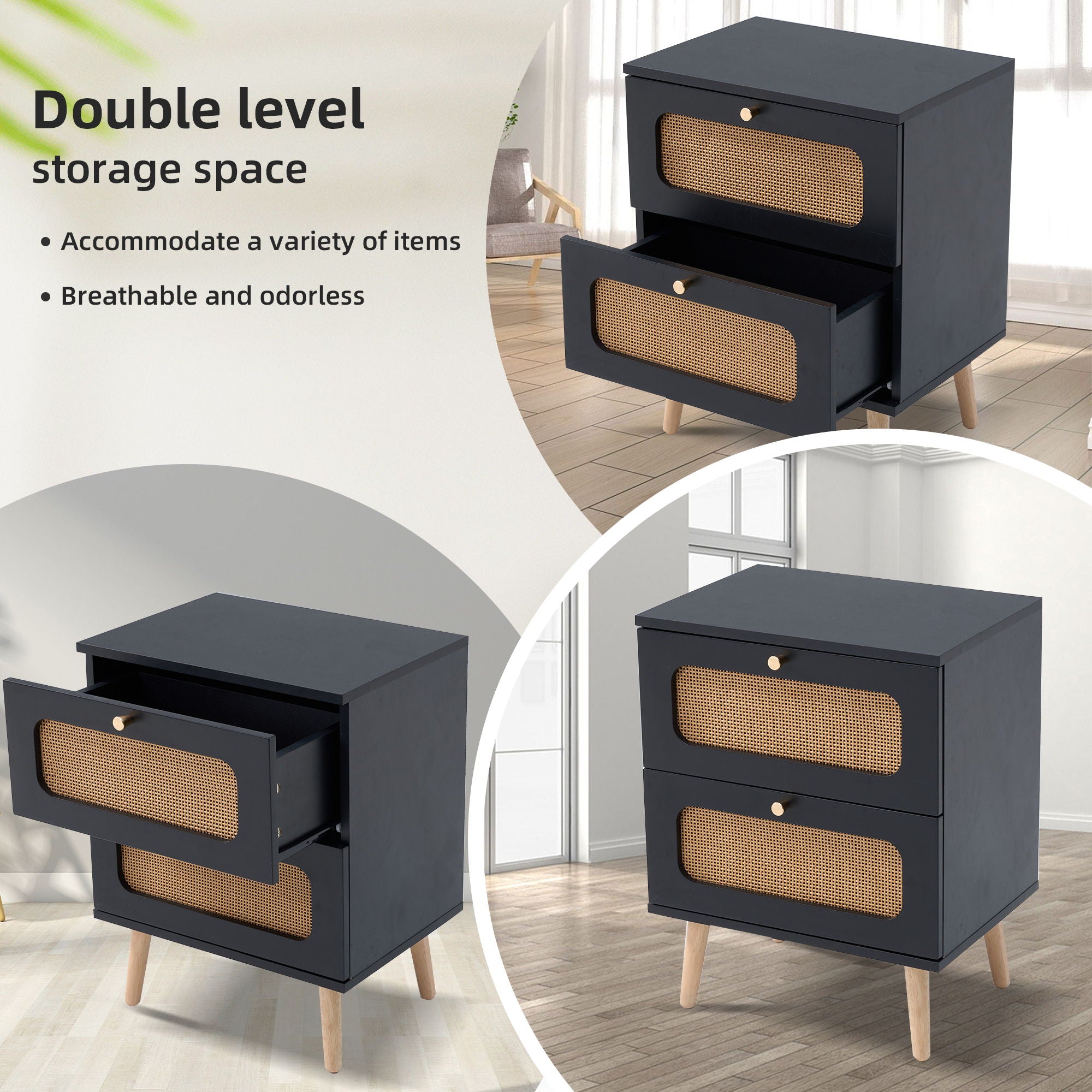 2 Drawer Rattan Nightstand For Bedroom And Living Room, End Table, Side Table With 2 Hand Made Rattan Decorated Drawers - Black - Best Buy Furniture