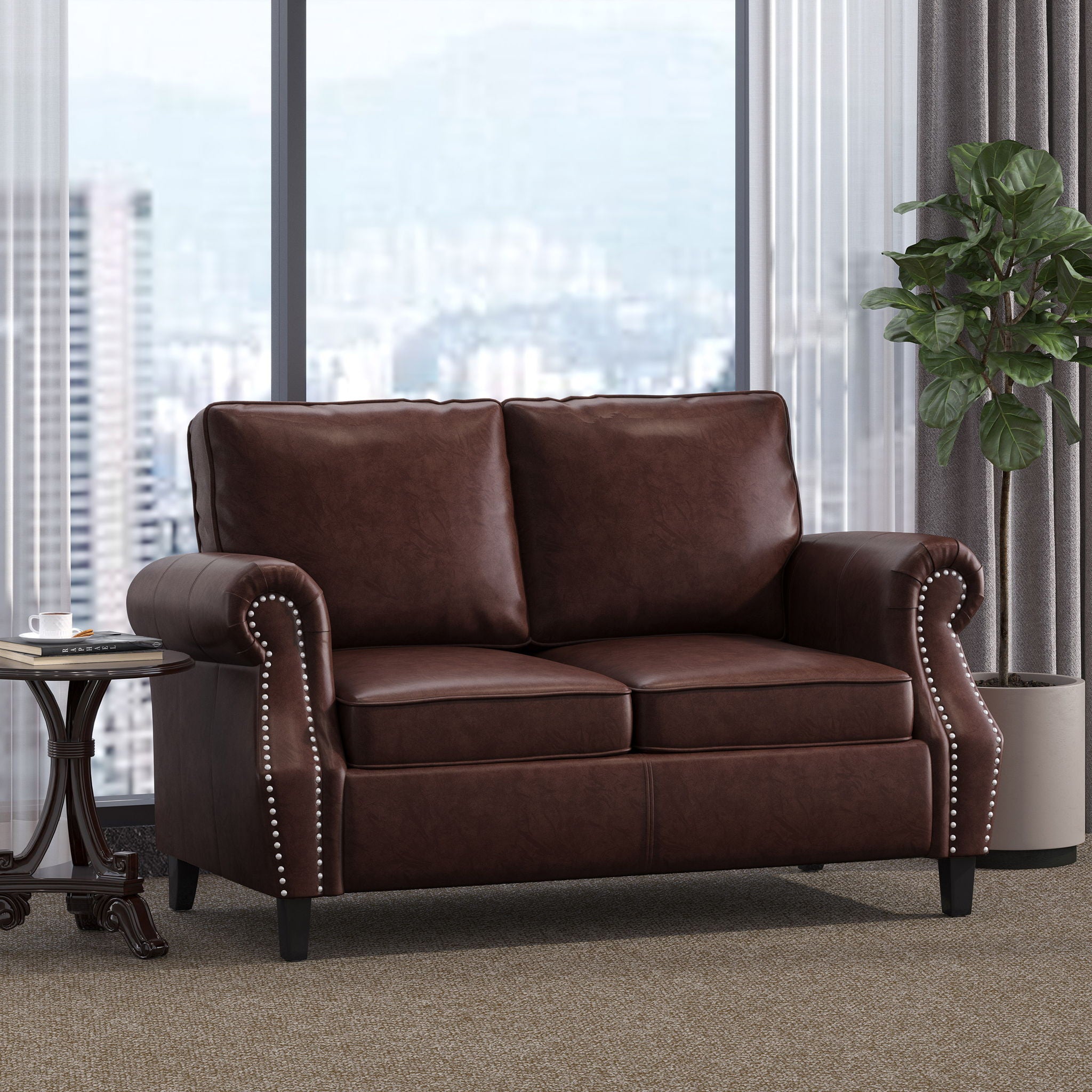 Contemporary Loveseat With Nailhead Trim - Dark Brown - Best Buy Furniture
