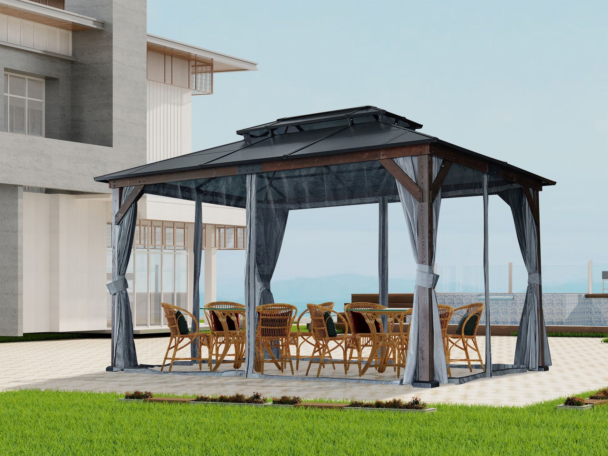 10' x 13' Hardtop Wood Gazebo For Patios, Outdoor Framed Gazebo With Polycarbonate Double Roof Canopy, Solid Wooden Framed Gazebo With Privacy Curtains And Mosquito Nettings For Garden, Backyard - Black - Best Buy Furniture