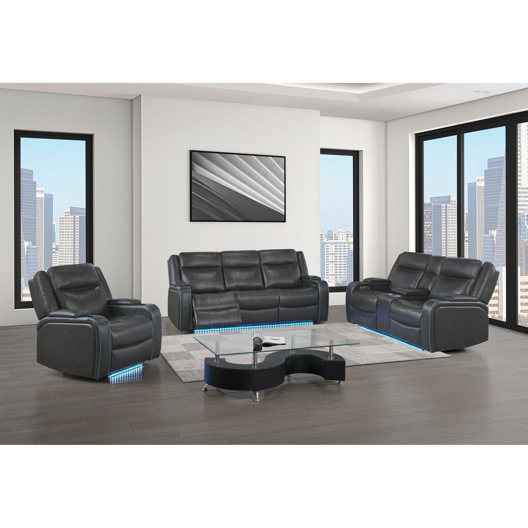 Blanca - Power Console Reclining Loveseat With LED Lights, Power Headrest And Speakers - Charcoal - Best Buy Furniture