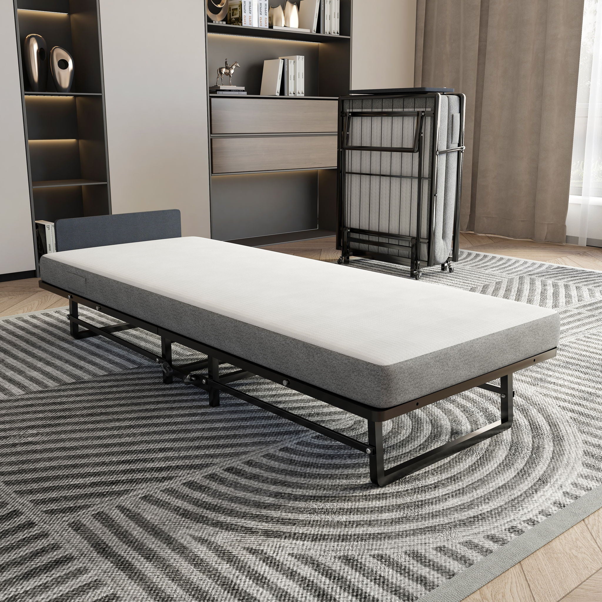 Modern Metal Folding Bed Frame With Foam Mattress, Easy Storage & Mobility - Black - Best Buy Furniture