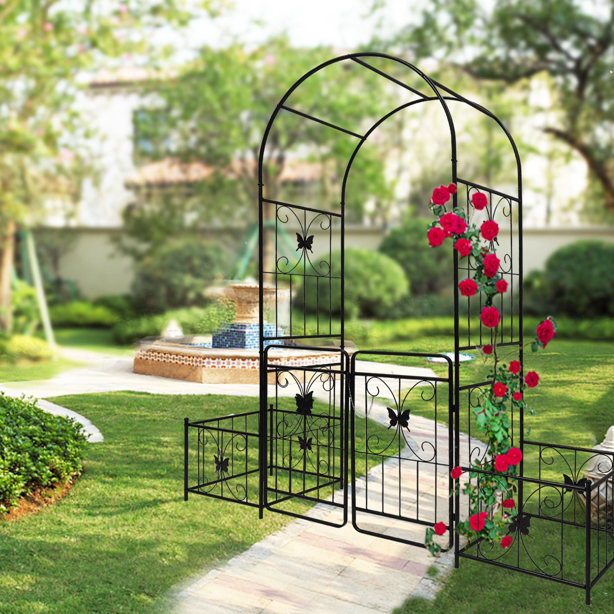 Metal Garden Arch With Gate High Climbing Plants Support Rose Arch Outdoor - Black - Best Buy Furniture