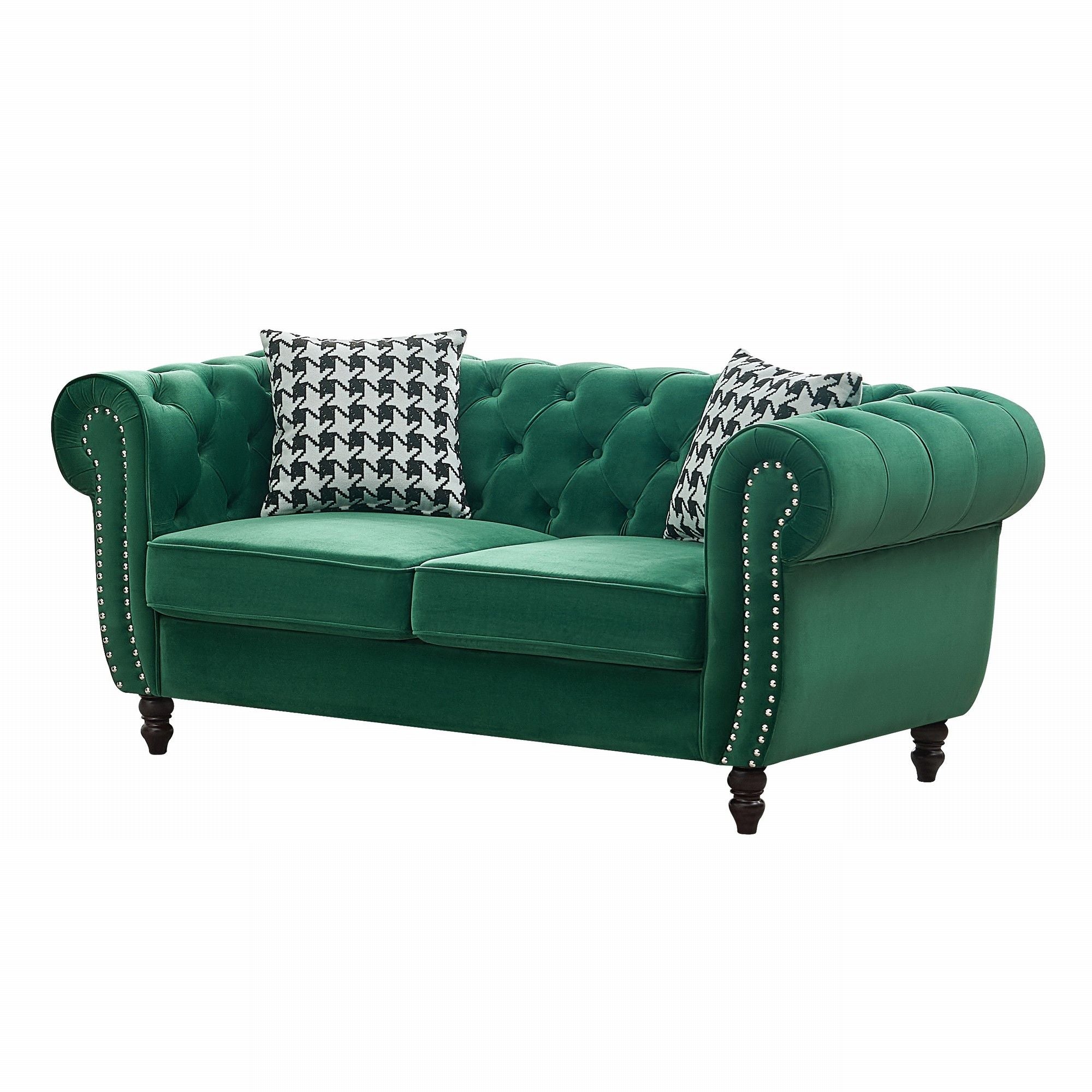Chesterfield Velvet Fabric Sofa With Roll Armrest And Nailhead, Mid Century 2 Seater Couch - Best Buy Furniture