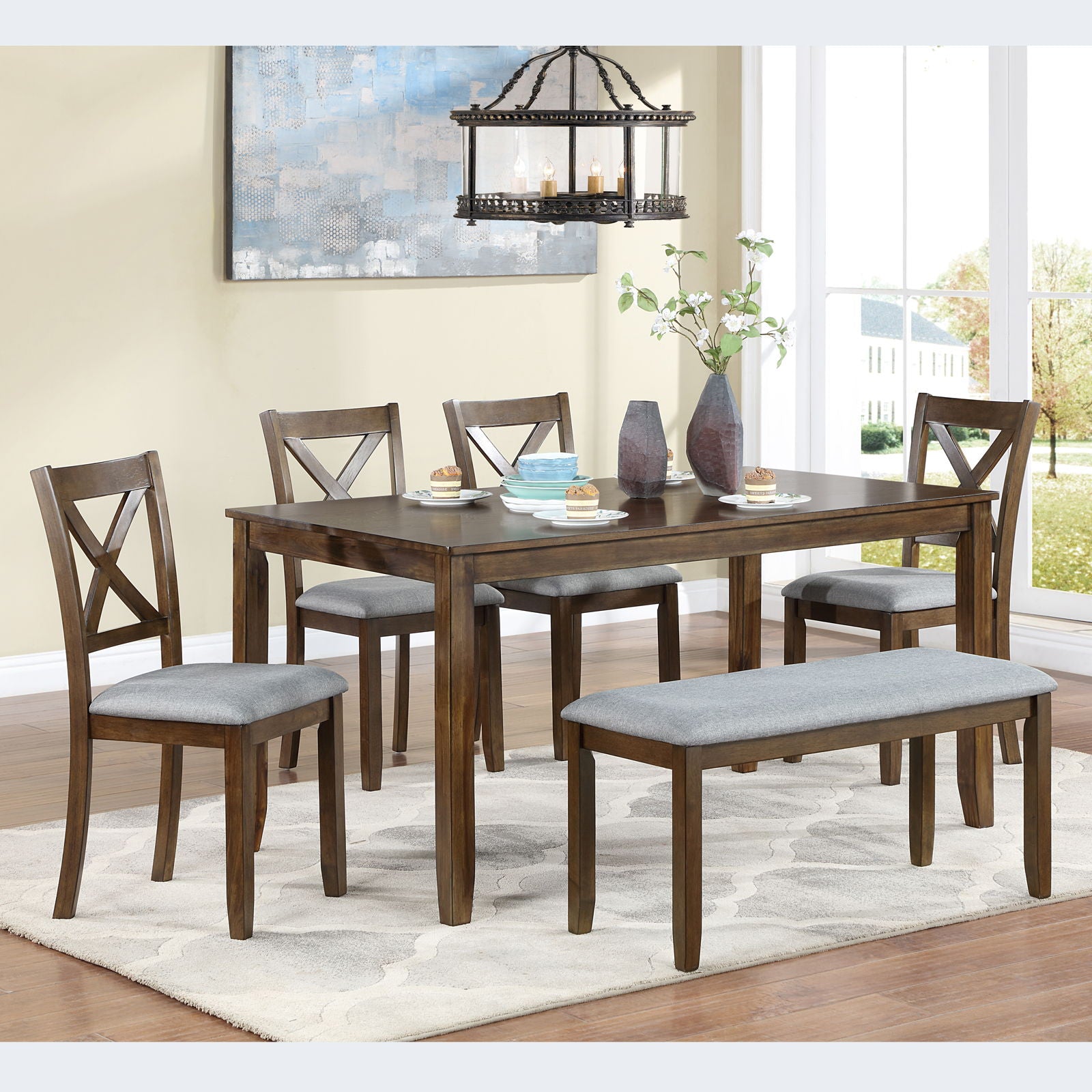 6 Pieces Kitchen Dining Set, Rectangular Wooden Dining Table With 4 Chairs And A Bench - Best Buy Furniture