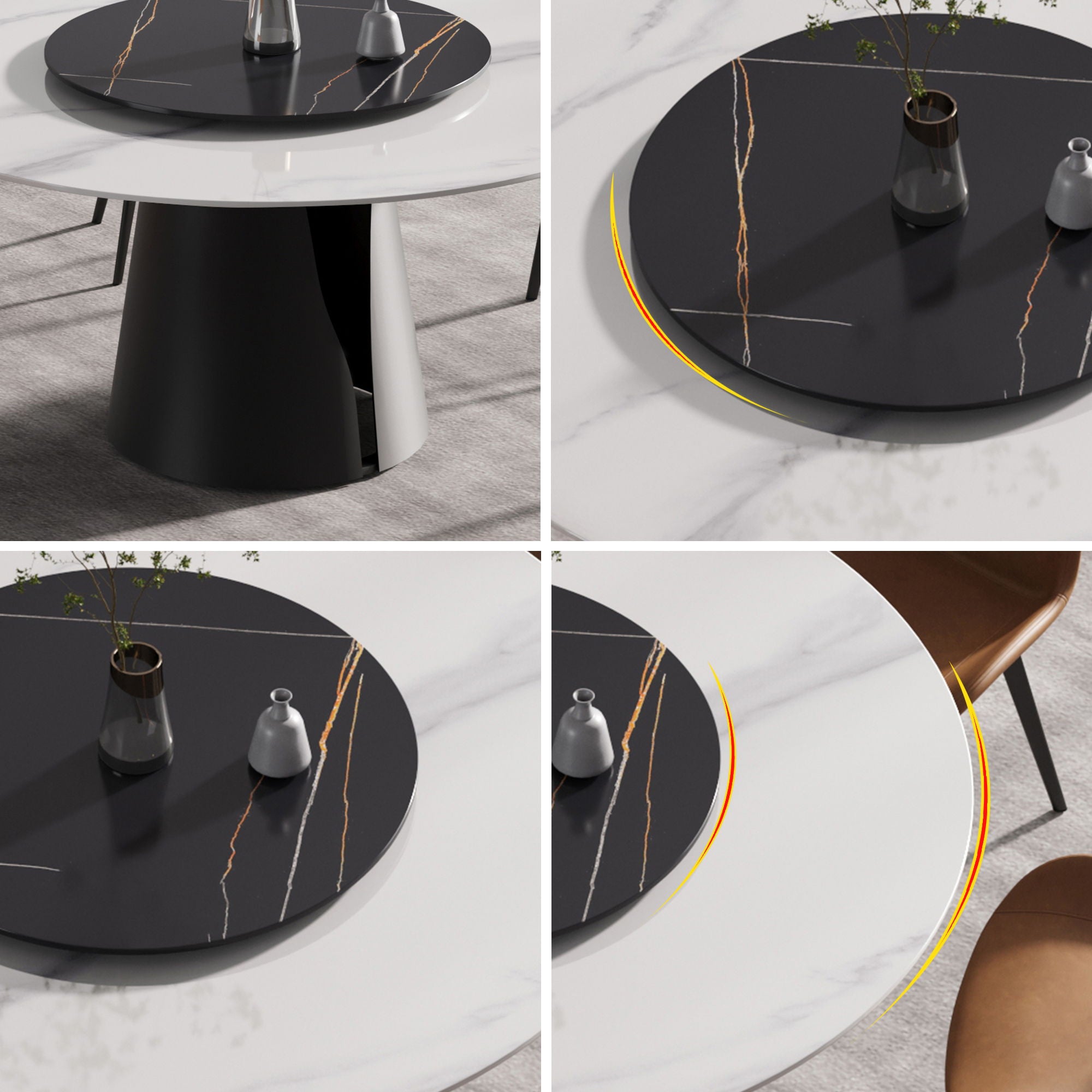 Modern Artificial Stone Round Carbon Steel Base Dining Table, Can Accommodate 6 People, Black Artificial Stone Turntable - Best Buy Furniture