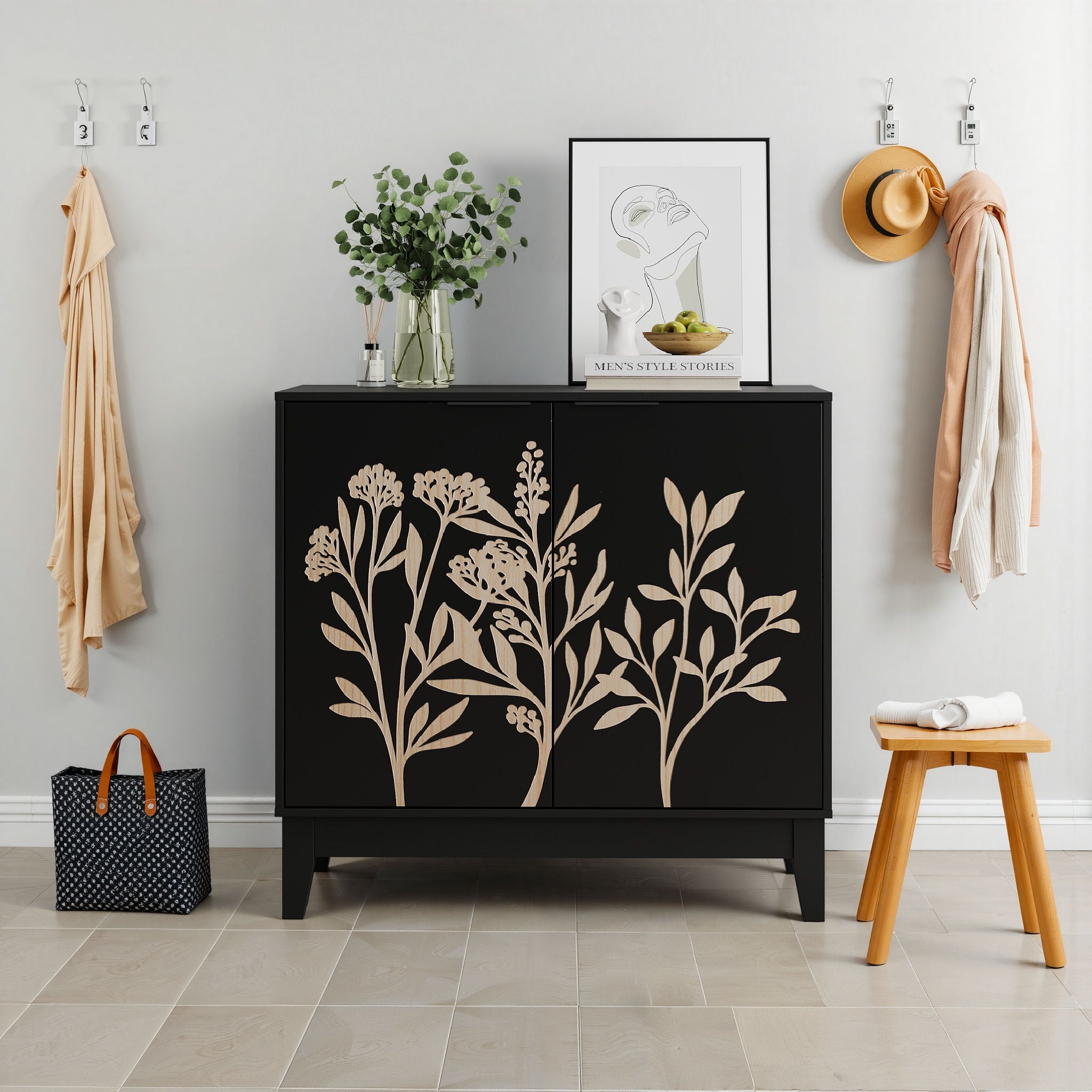 Vintage Carved Buffet Cabinet With Adjustable Shelves, Wooden Decorative Sideboard - Black - Best Buy Furniture