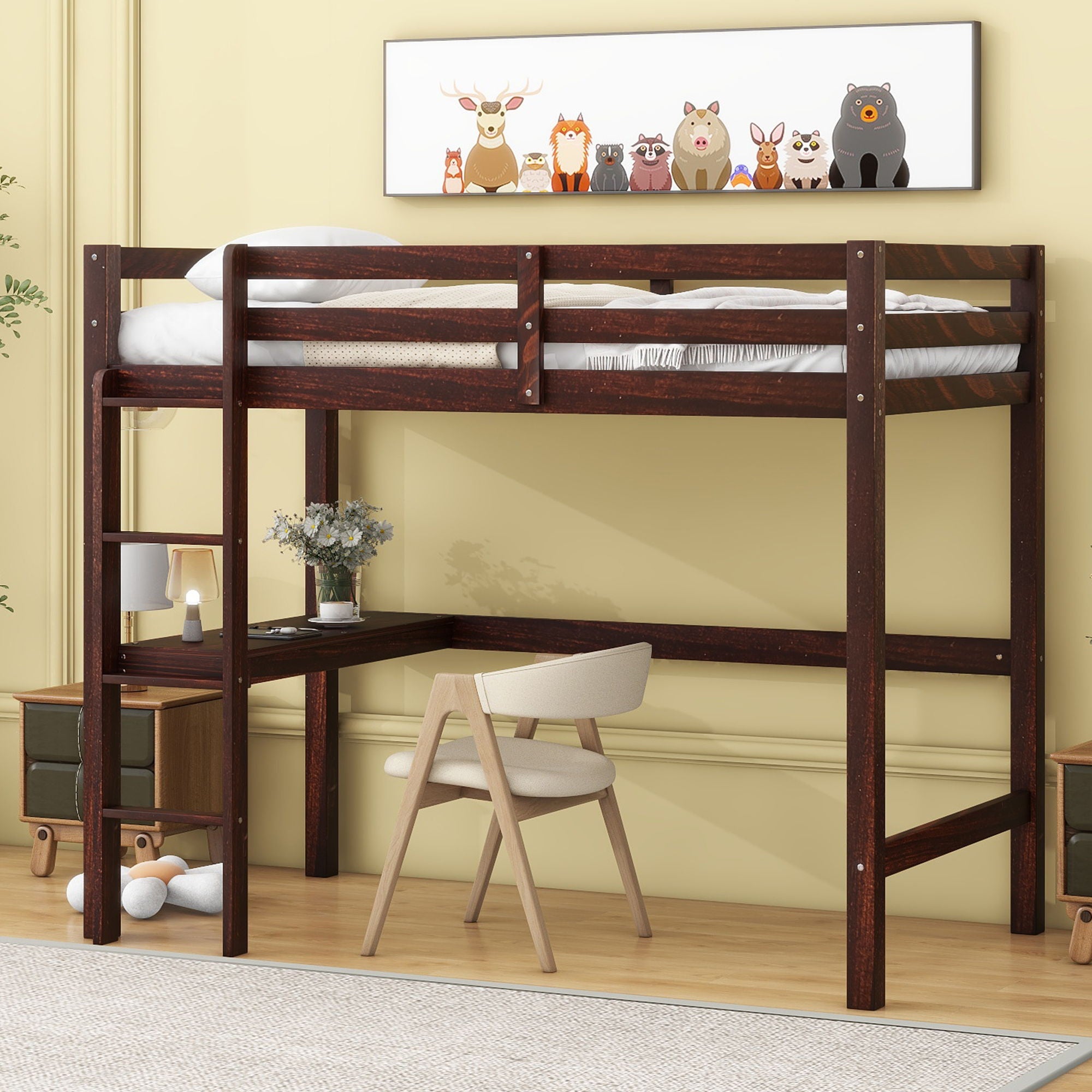 Loft Pine Wood Bed With Built-In Desk, Safety Guardrails, Ladder - Best Buy Furniture