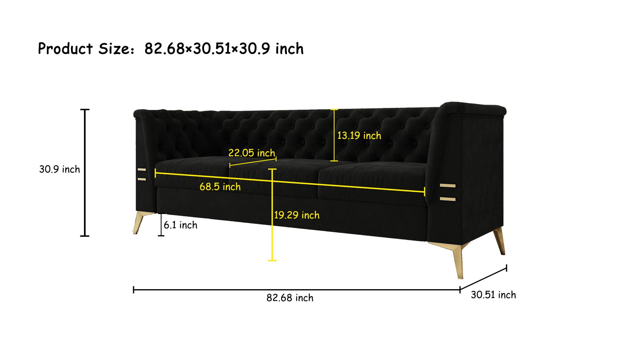 Luxurious Velvet Sofa With Gold Legs, Modern Chesterfield Design, Tufted Upholstery, 3 Seat Couch For Living Room And Office - Best Buy Furniture