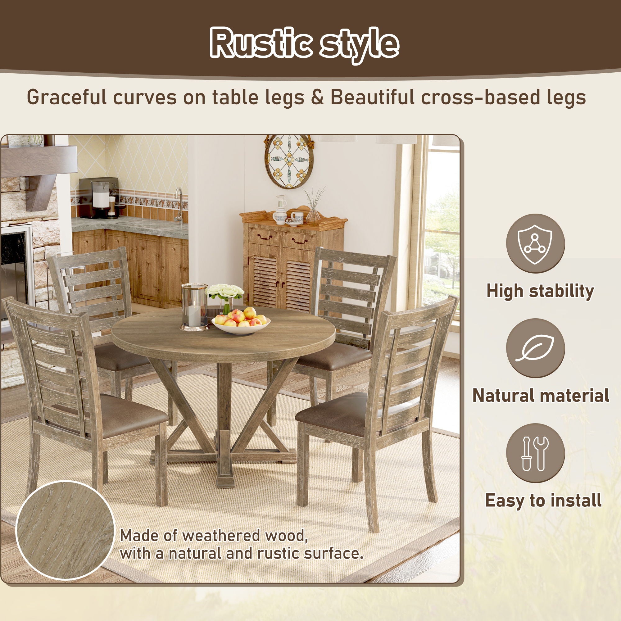 5 Pieces Table Set Round Dining Table Solid Wood Modern Farmhouse Rustic Look Distressed Look - Grayish Brown - Best Buy Furniture