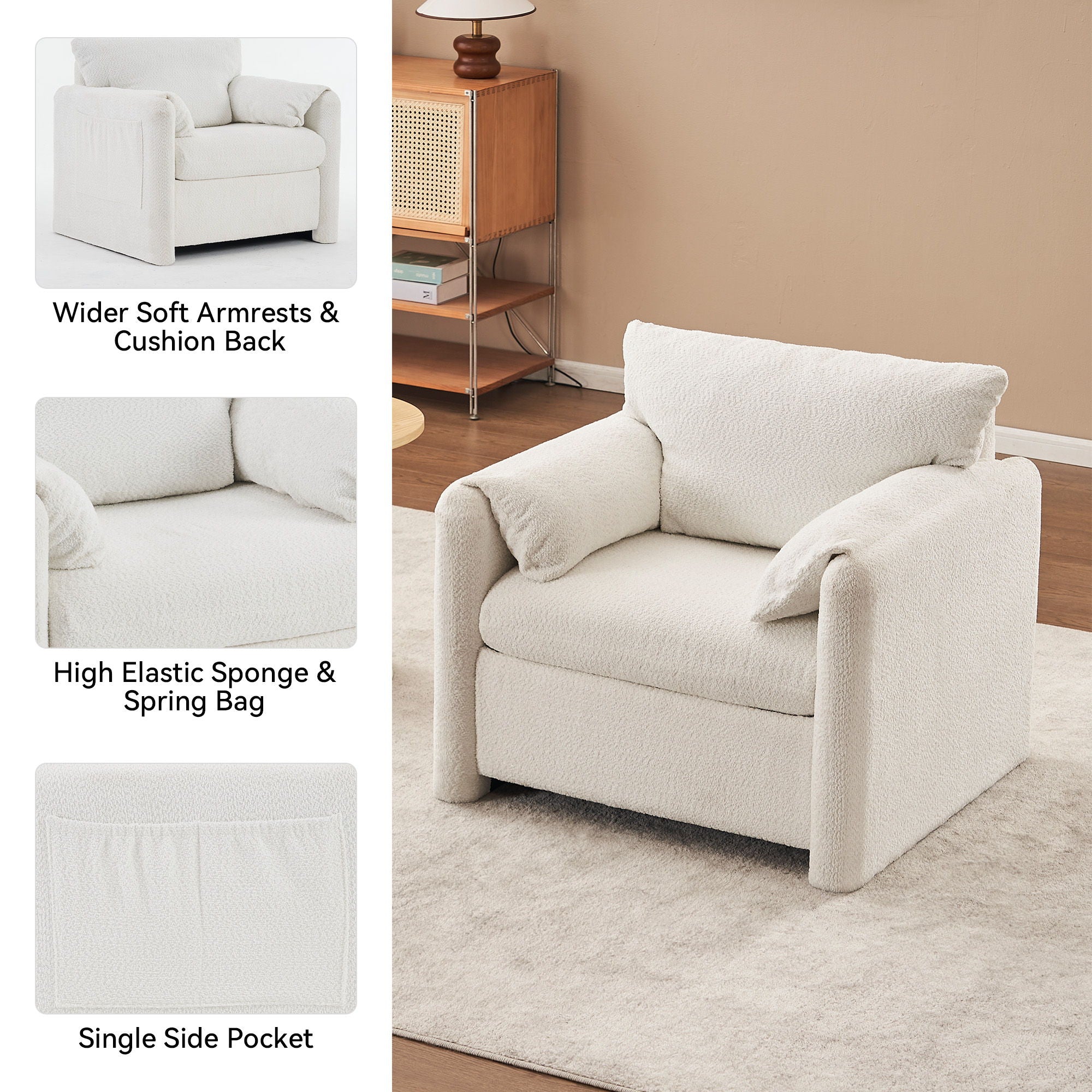 Fixed Modern Accent Chair Single Seater Plush Chenille Lounge Chair With High Resilience Cushion - Ivory White - Best Buy Furniture