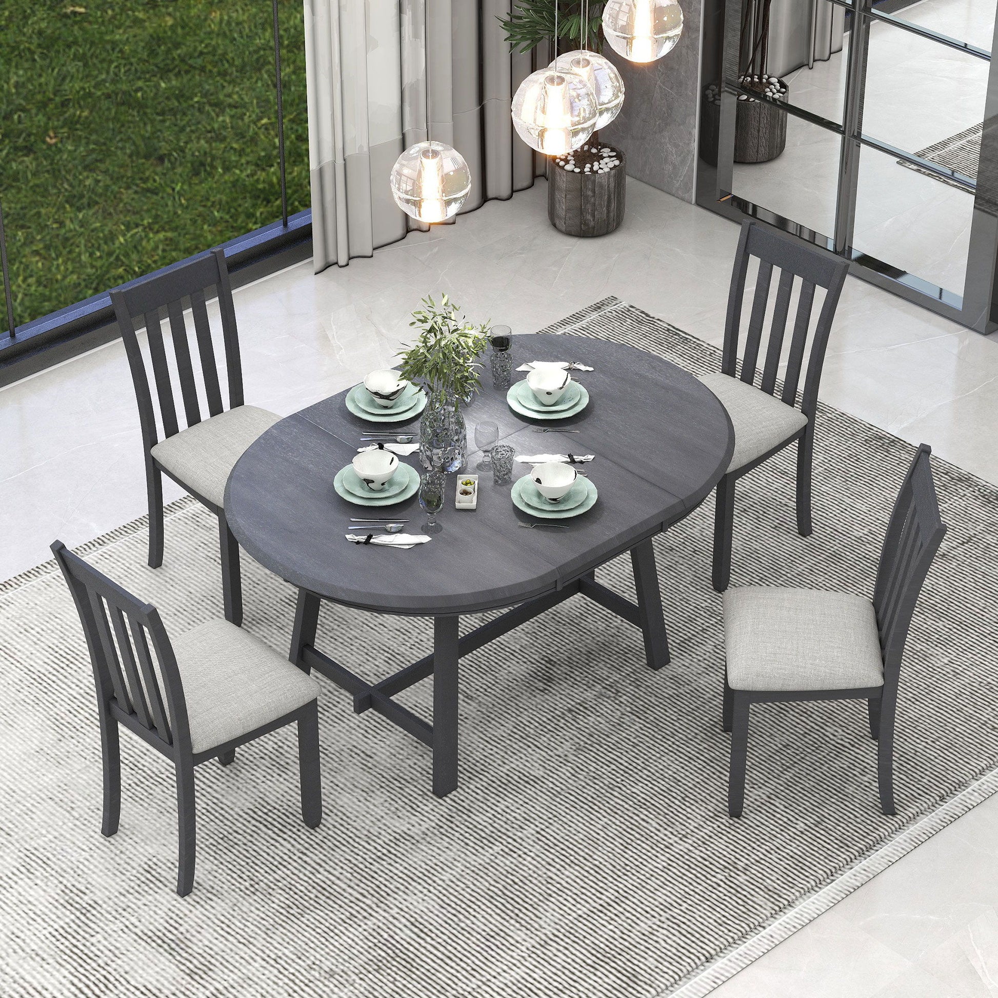 5 Piece Wood Dining Table Set With Extendable Round Table And 4 Chairs - Best Buy Furniture