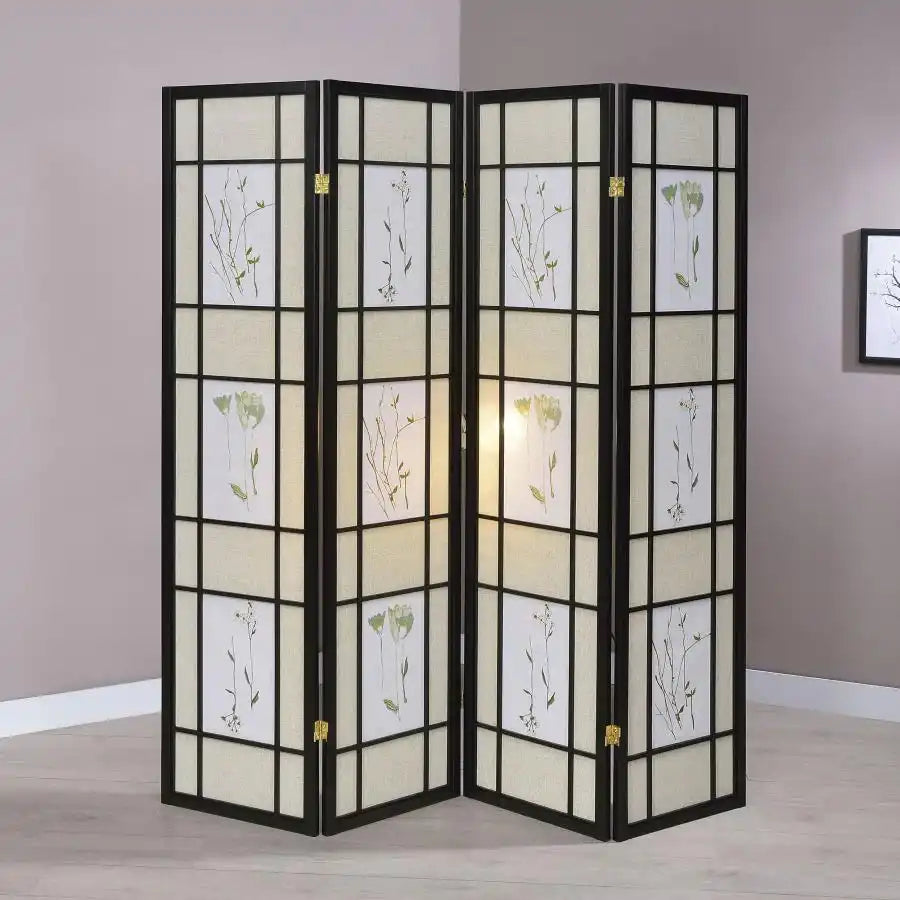 Catabella - 4-Panel Room Divider Folding Shoji Screen Floral - Black - Best Buy Furniture