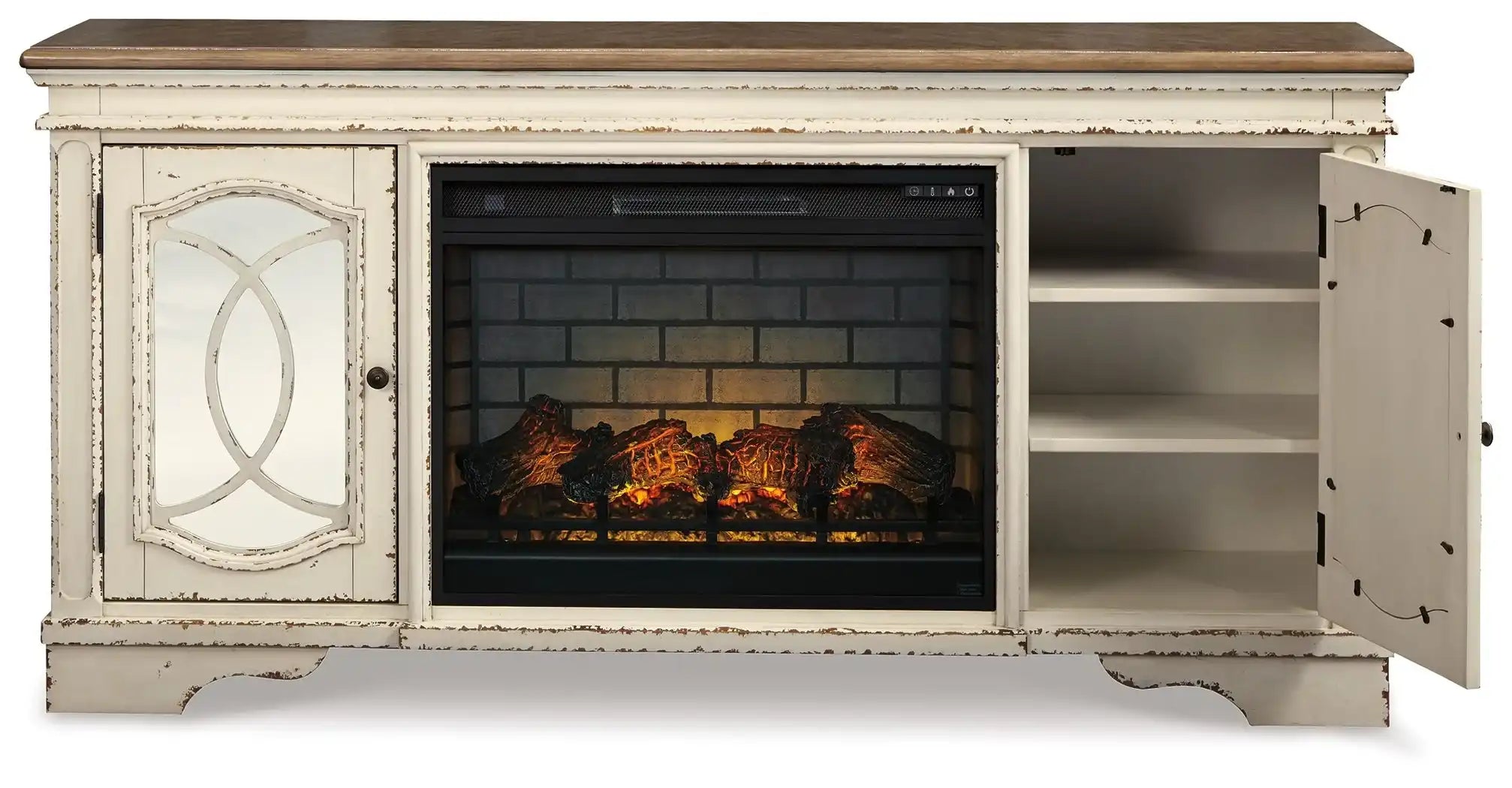 Realyn - 2 Pc. - 74" TV Stand with Electric Infrared Fireplace Insert - Chipped White - Best Buy Furniture