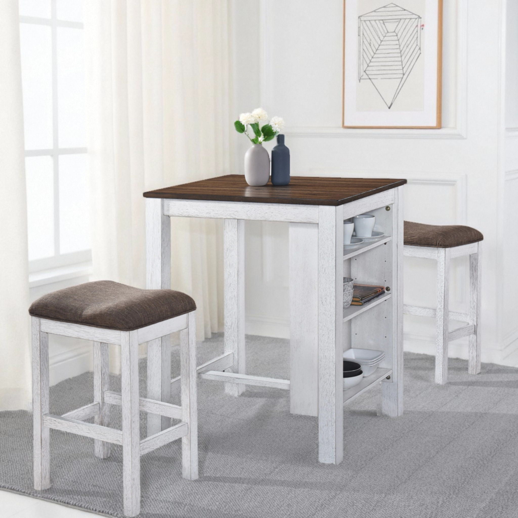 3 Pieces Counter Set Storage Space For Small Space Modern Farmhouse Design Retro Design Easy To Assembly - Antique Dark Oak / Antique White - Best Buy Furniture