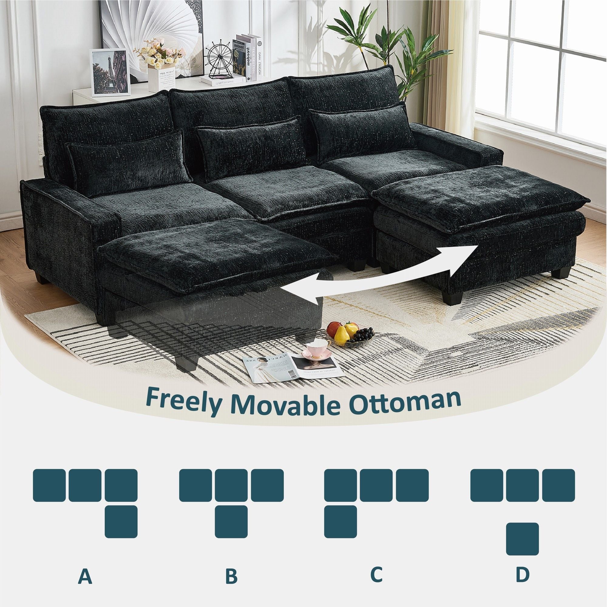 Modern Comfy Chenille L Shaped Sectional Sofa With Movable Ottoman - Best Buy Furniture