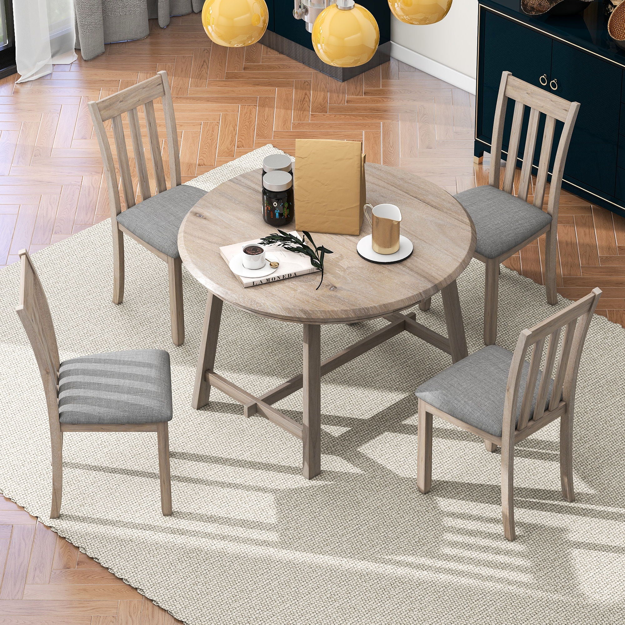 5 Piece Wood Dining Table Set With Extendable Round Table And 4 Chairs - Best Buy Furniture