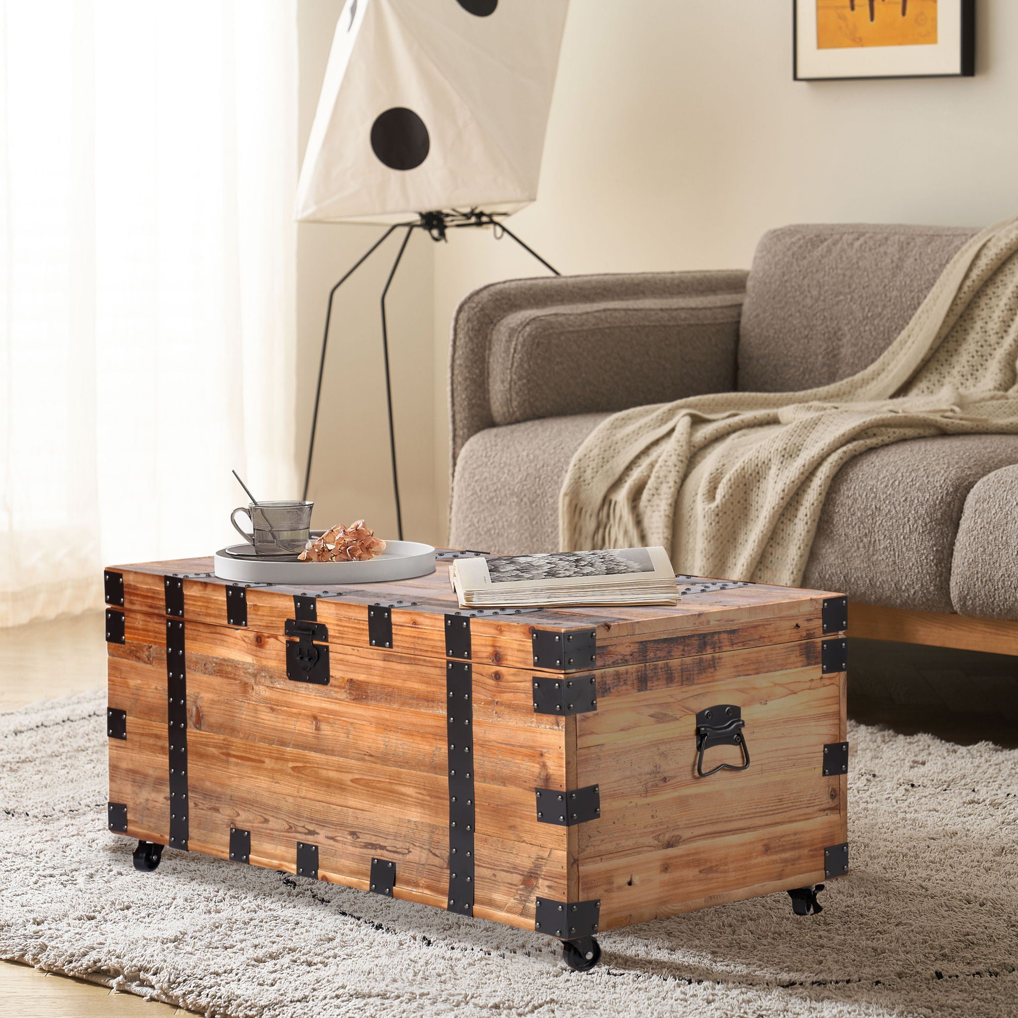 Trunk Table With Four Wheel Large Capacity Storage Coffee Table - Natural / Black - Best Buy Furniture