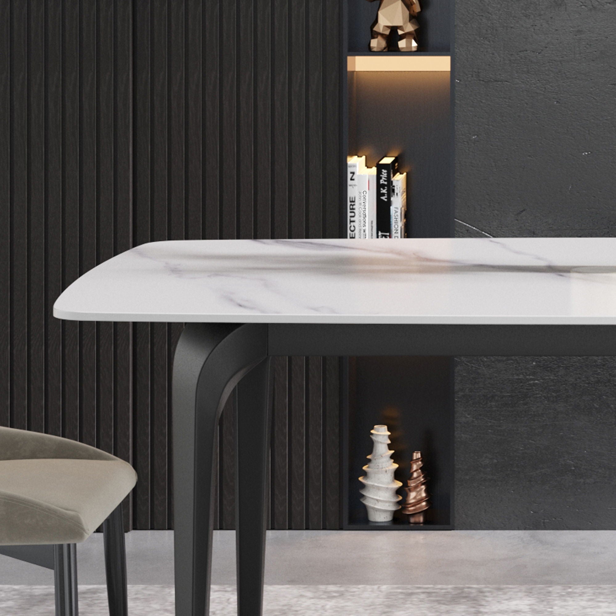 70.87" Modern Artificial Stone Curved Black Metal Leg Dining Table, Can Accommodate 6-8 People - White / Black - Best Buy Furniture