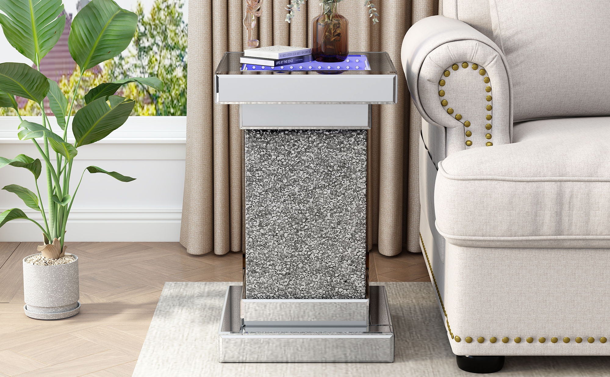 Square Mirrored End Table With Led Lights, Modern Side Table With Crystal Inlay For Living Room - Best Buy Furniture