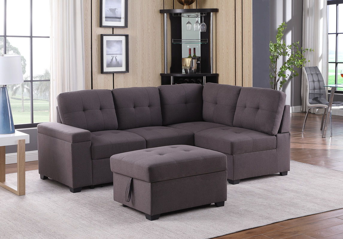 Katie - Linen Sleeper Sectional Sofa With Storage Ottoman, Storage Arm - Brown - Best Buy Furniture
