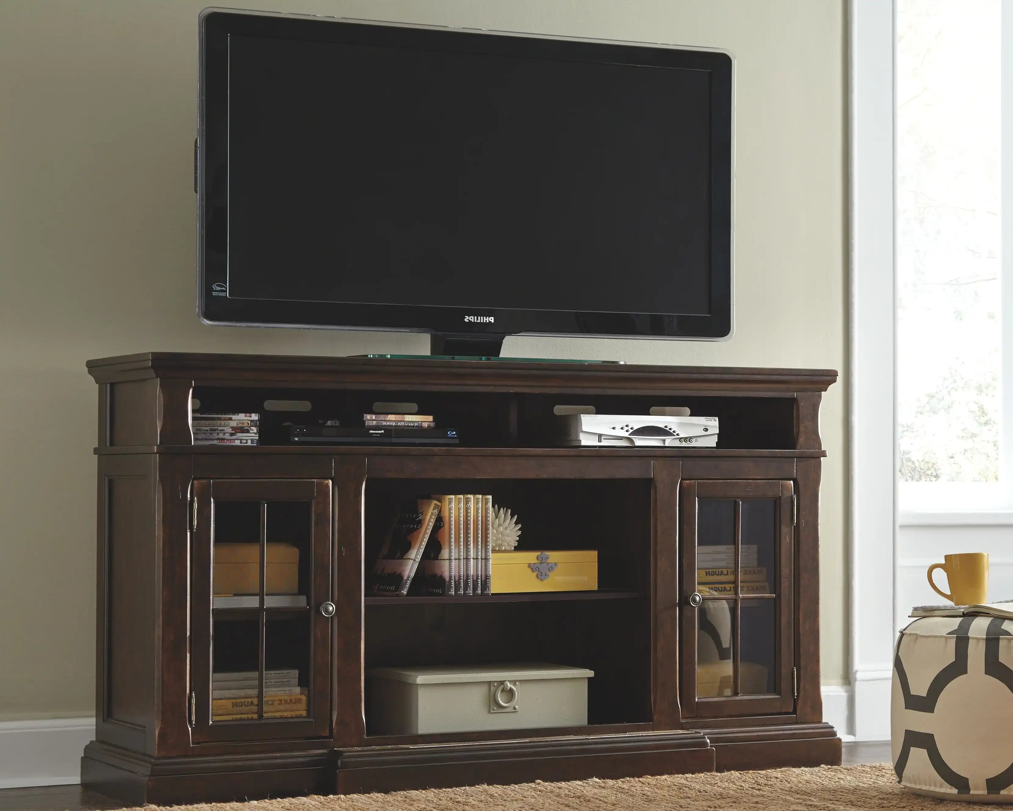 Roddinton - XL TV Stand w/Fireplace Option - Dark Brown - Best Buy Furniture