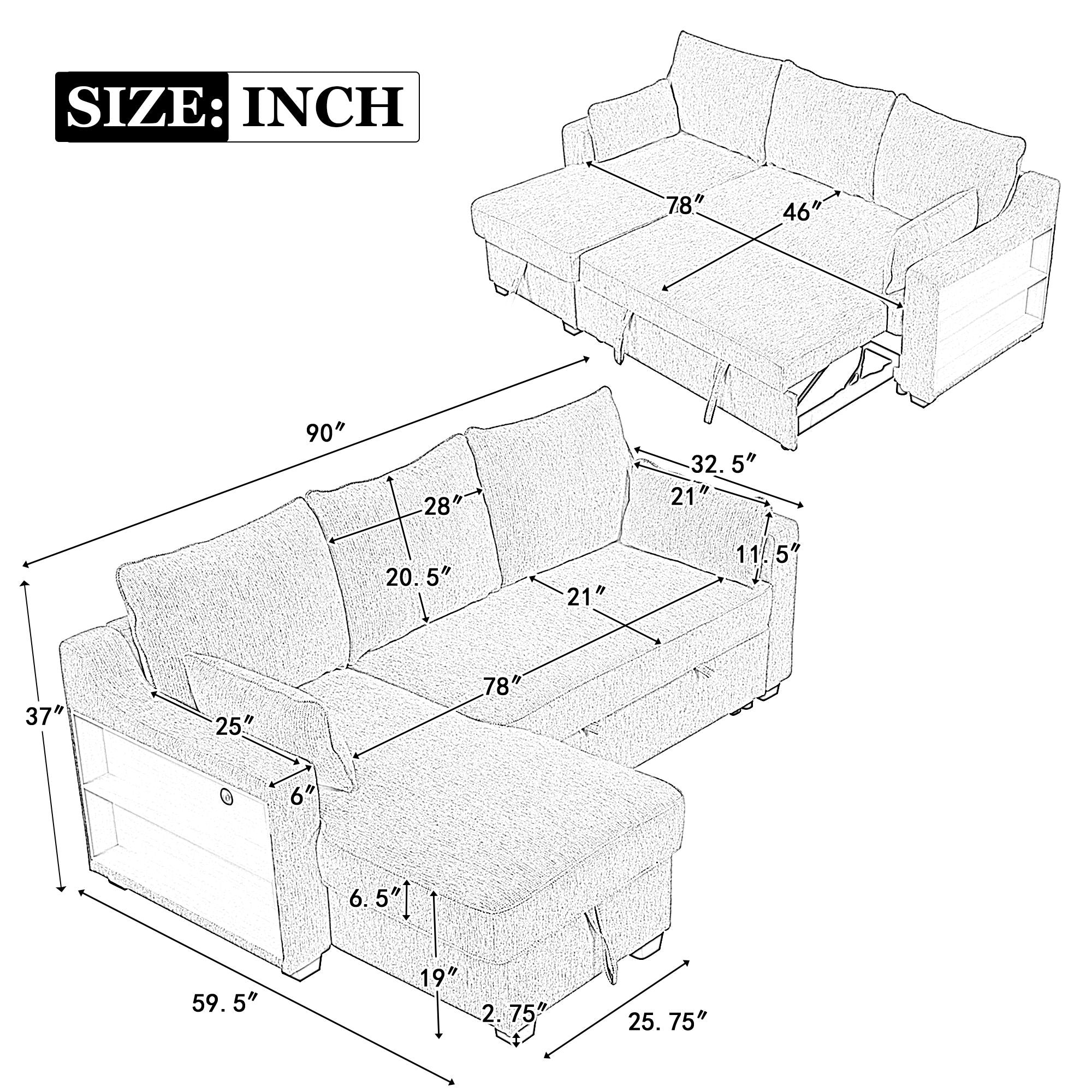 Pull Out Sleeper Sofa L-Shaped Couch Convertible Sofa Bed With Storage Chaise, Storage Racks And USB Ports - Best Buy Furniture