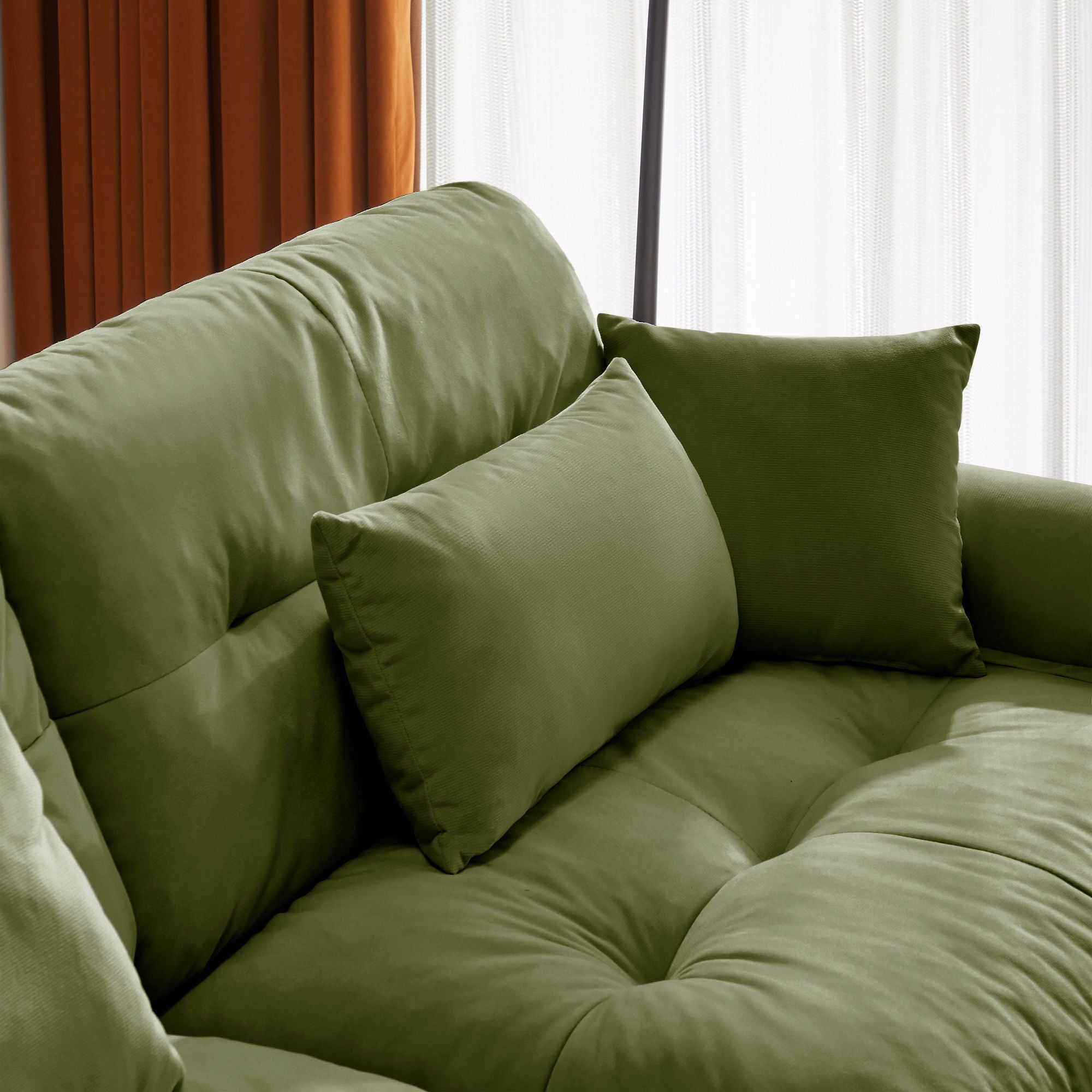 Modern Sectional Sofa With Ottoman, Round Bolster Armrests, Waist And Throw Pillows