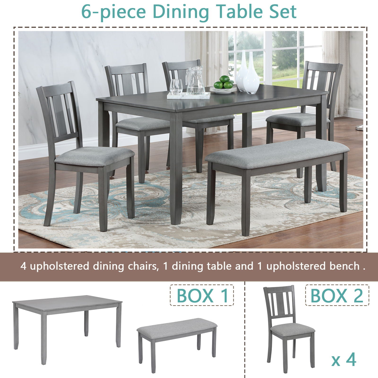 6 Pieces Kitchen Dining Set, Rectangular Wooden Dining Table With 4 Upholstered Chairs And A Bench - Best Buy Furniture