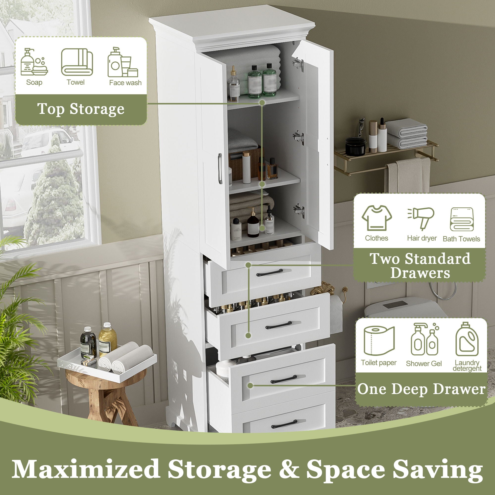 Bathroom Vanity With 2 Damping Hinge Doors, 3 Drawers, Adjustable Shelves - White - Best Buy Furniture