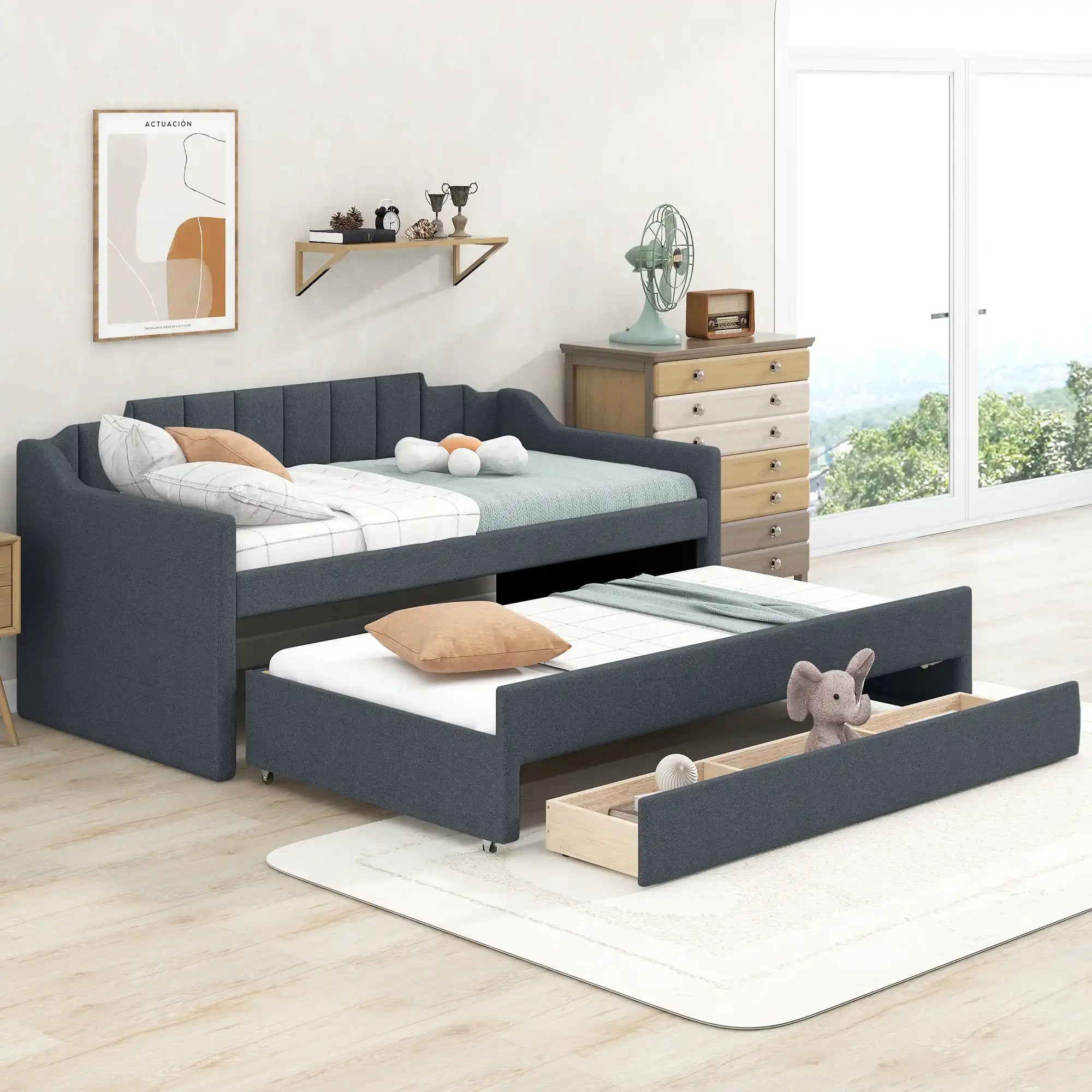Twin Size Upholstered Daybed with Trundle and Three Drawers,Grey - Best Buy Furniture