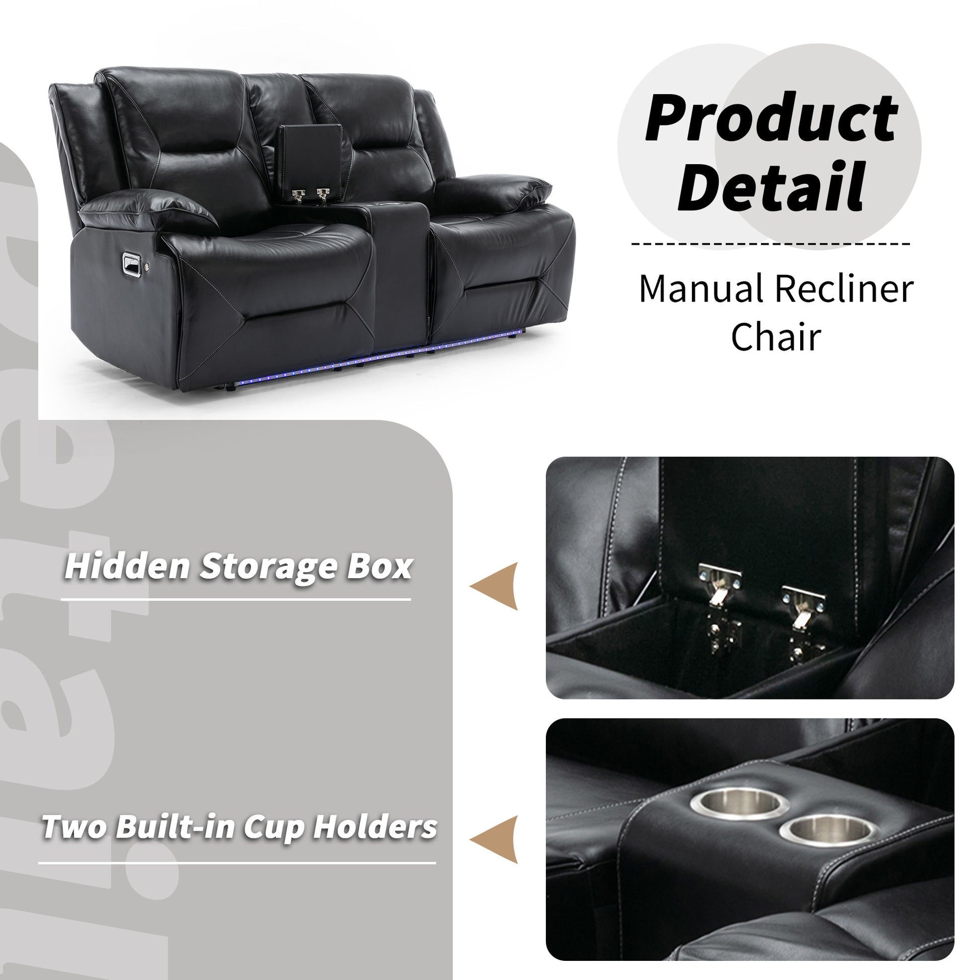 Home Theater Recliner Set Manual Recliner Chair With A LED Light Strip Two Built-In Cup Holders For Living Room - Best Buy Furniture