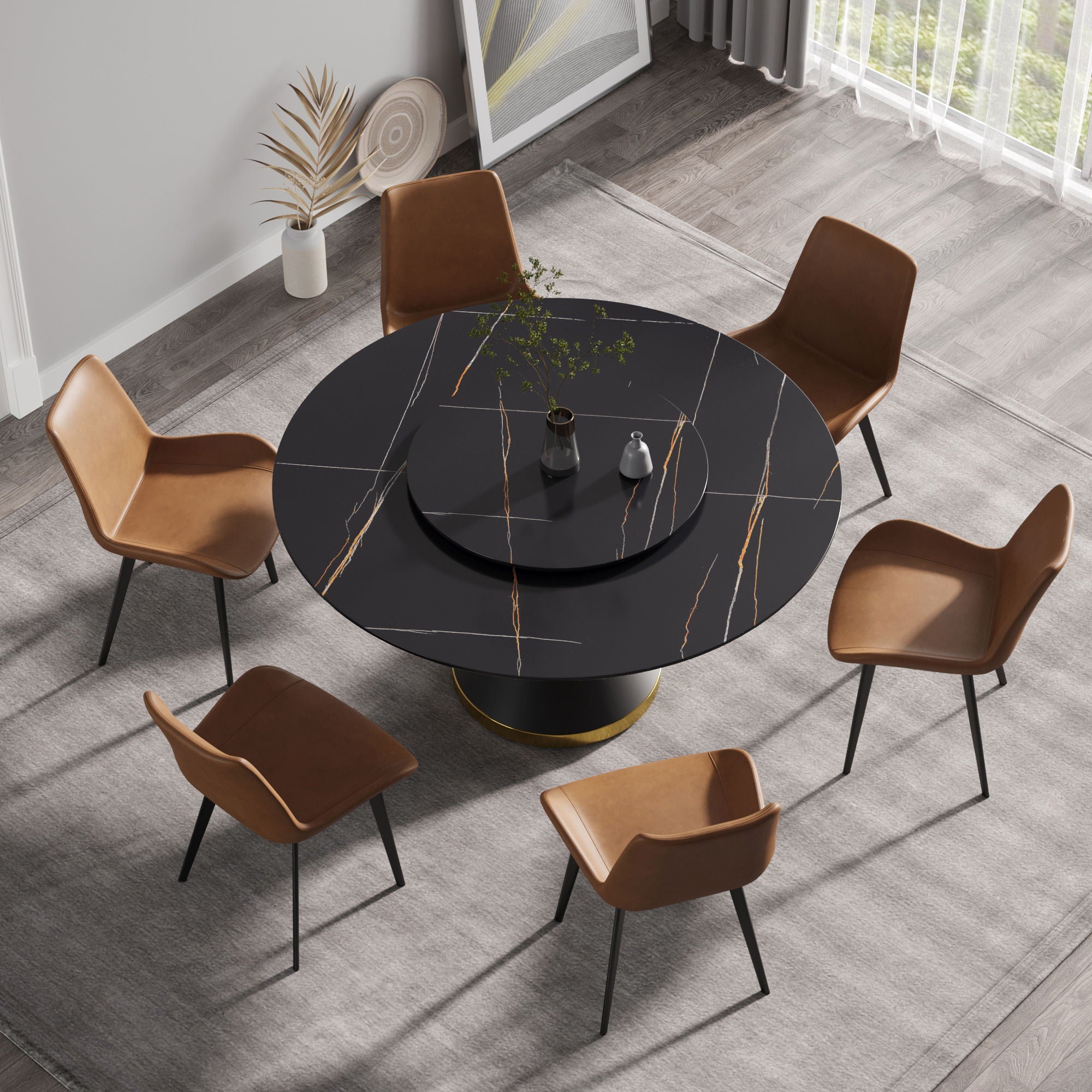 Modern Artificial Stone Round Carbon Steel Base Dining Table, Can Accommodate 6 People Artificial Stone Turntable - Black - Best Buy Furniture