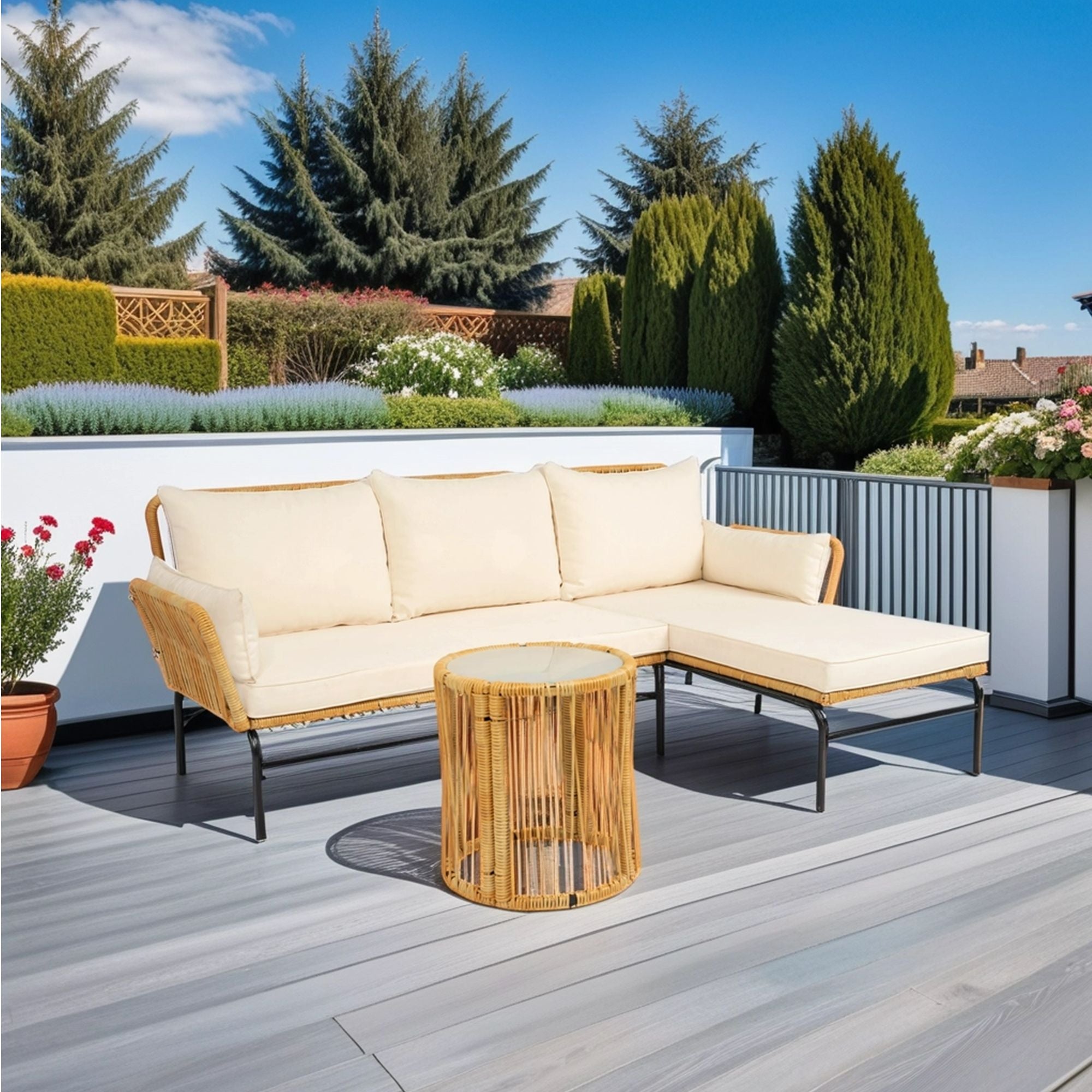 3 Pieces Outdoor Patio Wicker Furniture Sets Table And Chairs With Thick Cushion Outdoor Sofa Set Wicker And Cushion - Natural Yellow / Creme - Best Buy Furniture