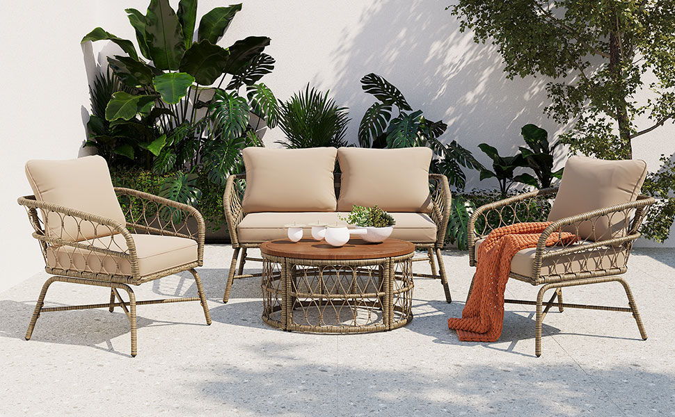 Bohemia-Inspired 4 Person Outdoor Seating Group With Removable Cushions, Conversation Patio Set With Wood Tabletop - Beige - Best Buy Furniture