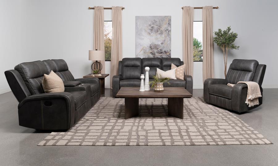 Raelynn - Upholstered Track Arm Motion Loveseat - Gray - Best Buy Furniture
