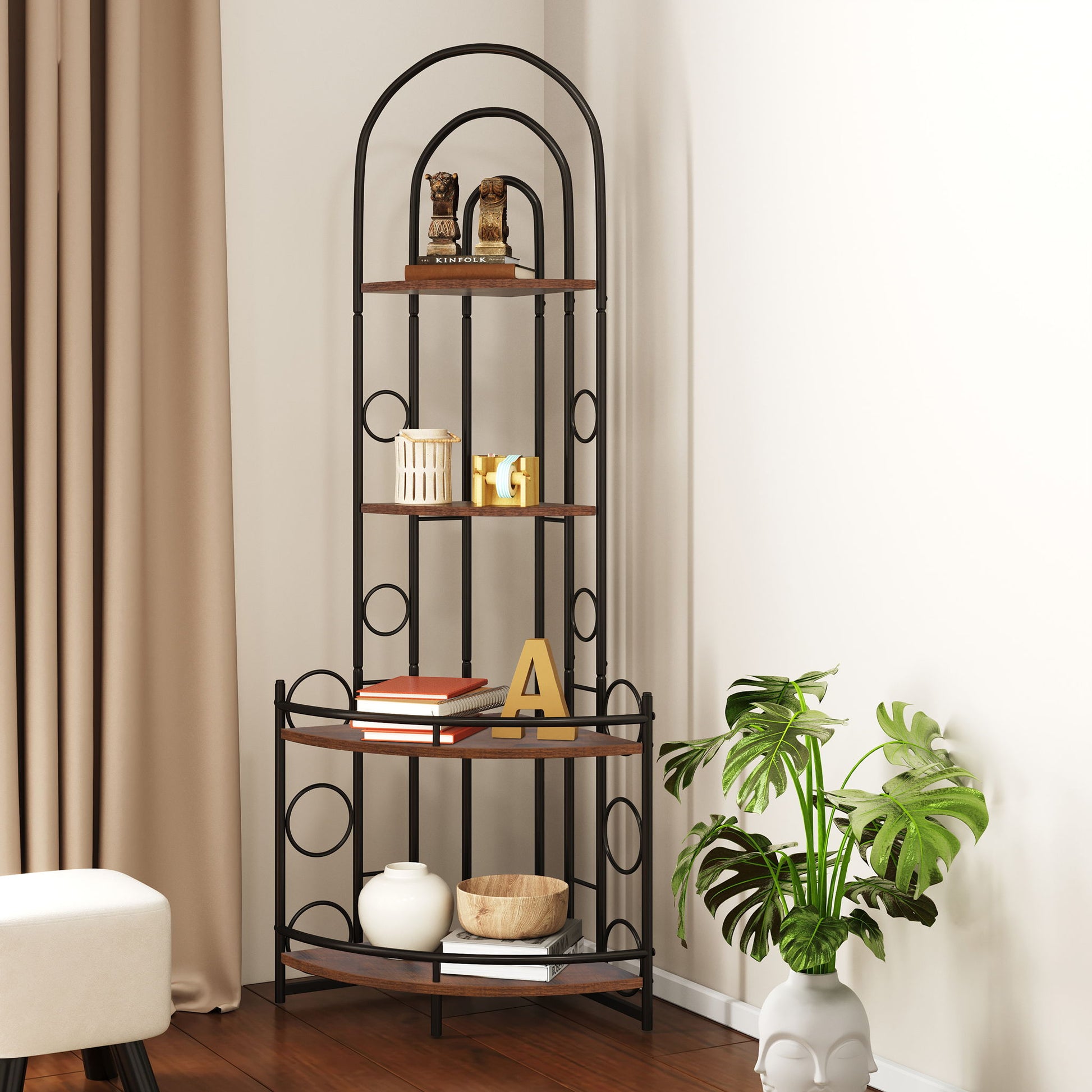 4 Tier Corner Bookshelf, Modern Style, Plant Stand With Metal Frame - Antique Brown / Black - Best Buy Furniture