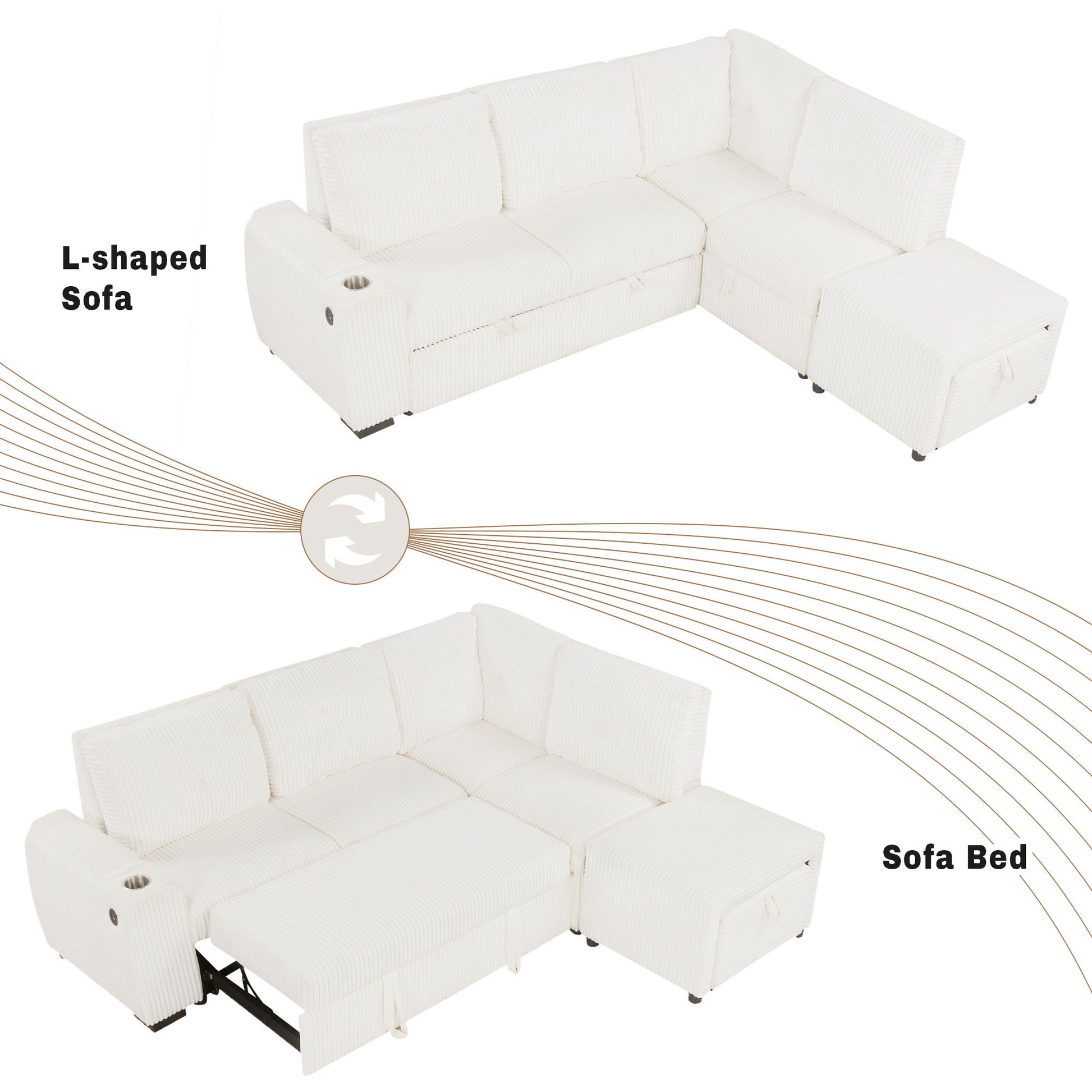 Pull-Out L-Shaped Sectional Sofa With Movable Ottoman And Stool, Large Storage Space, A Cup Holder, And 2 USB Ports For Living Room - Best Buy Furniture