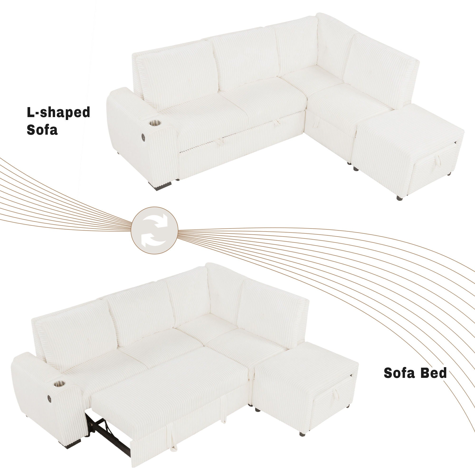 Pull-Out L-Shaped Sectional Sofa With Movable Ottoman And Stool, Large Storage Space, A Cup Holder, And 2 USB Ports For Living Room - Best Buy Furniture