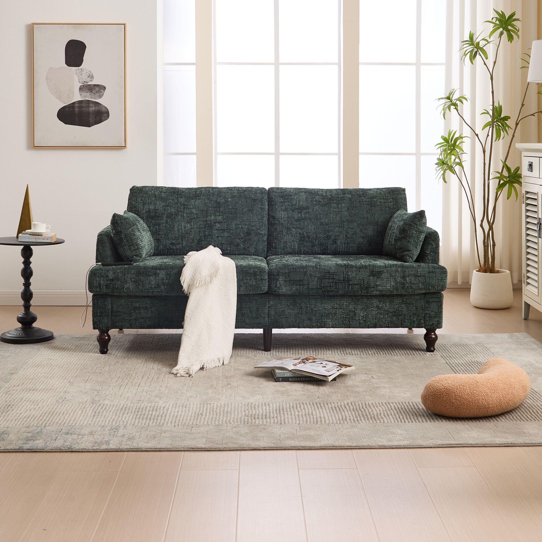 Chenille 2 Seater Sofa With LED Light, USB Charging Port, And Storage Bag