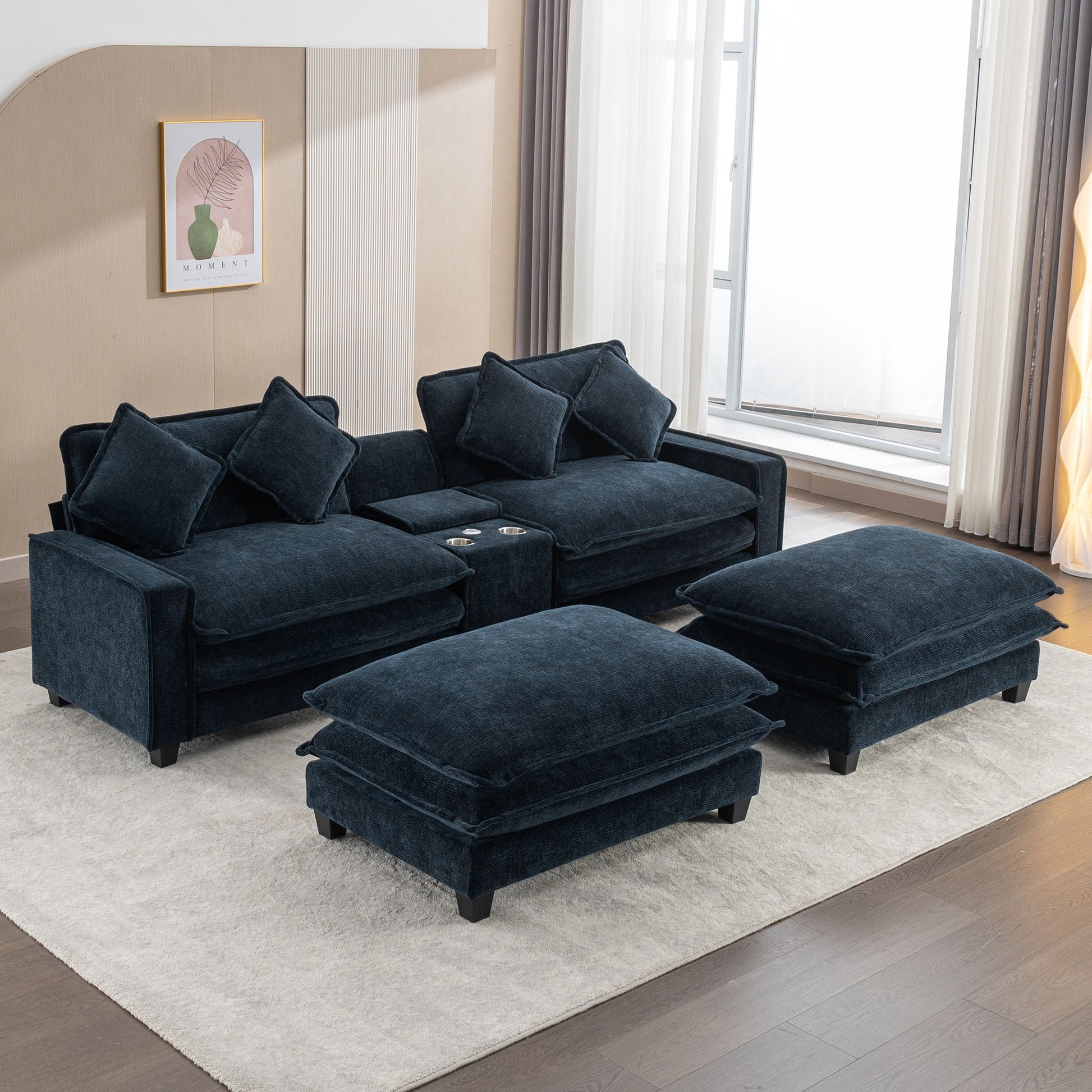 Sectional Sofa Chenille Upholstered Sofa With Two Removable Ottoman, Two USB Ports, Two Cup Holders And Large Storage Box For Living Room - Best Buy Furniture