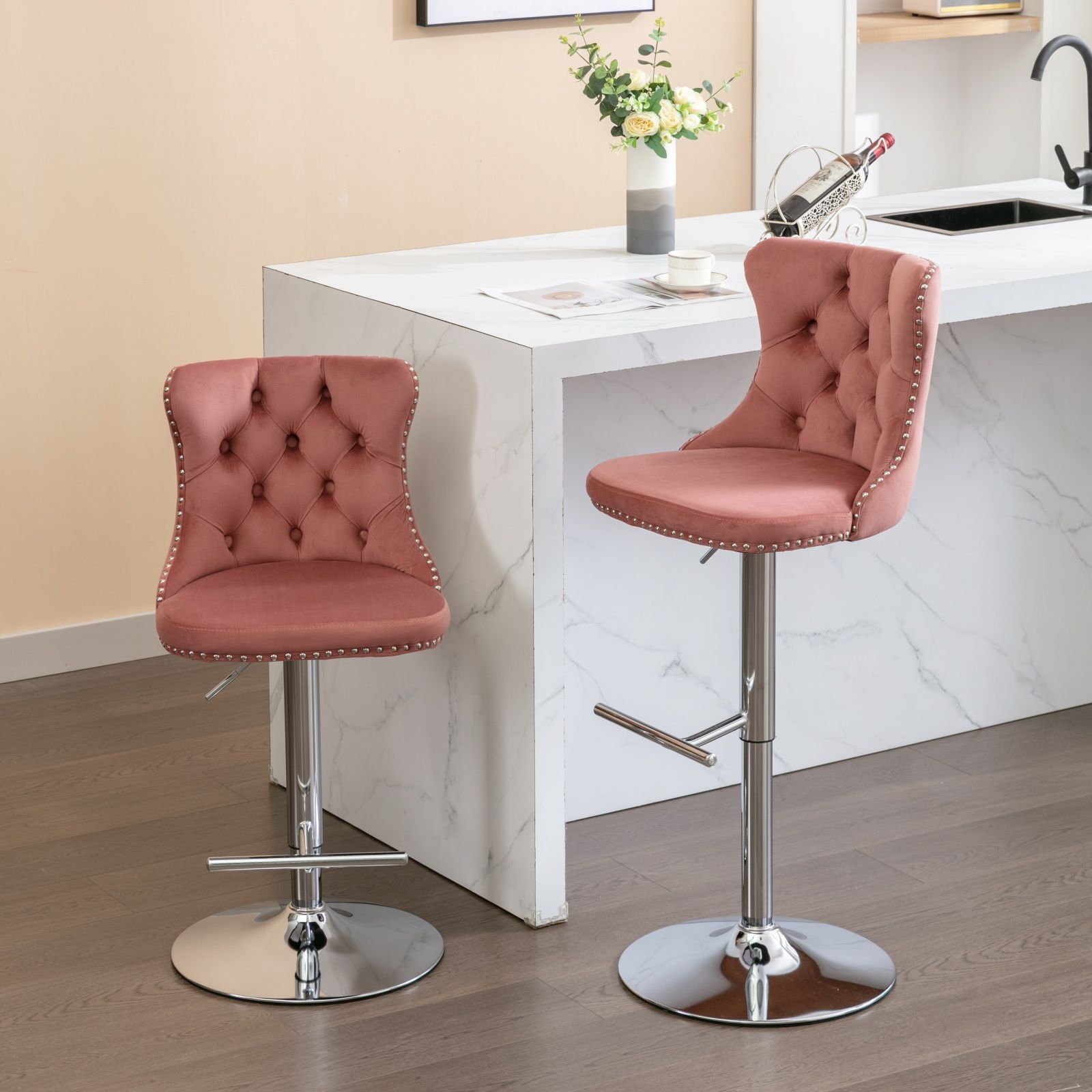 Swivel Velvet Barstools Adjusatble Seat Height From 25-33", Modern Upholstered Chrome Base Bar Stools With Backs Comfortable Tufted For Home Pub And Kitchen Island (Set of 2) - Best Buy Furniture
